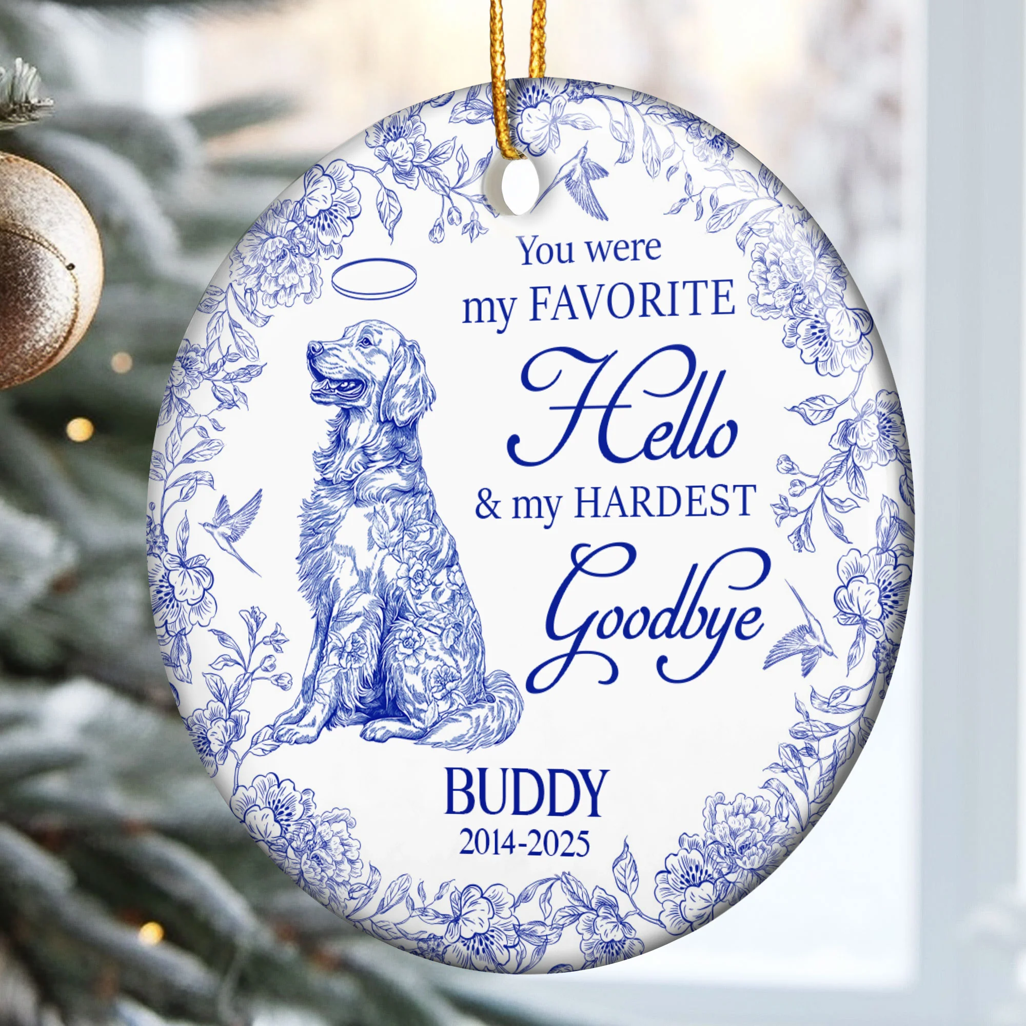My Favorite Hello & Hardest Goodbye Toile De Jouy - Personalized Ceramic Ornament - Image 2