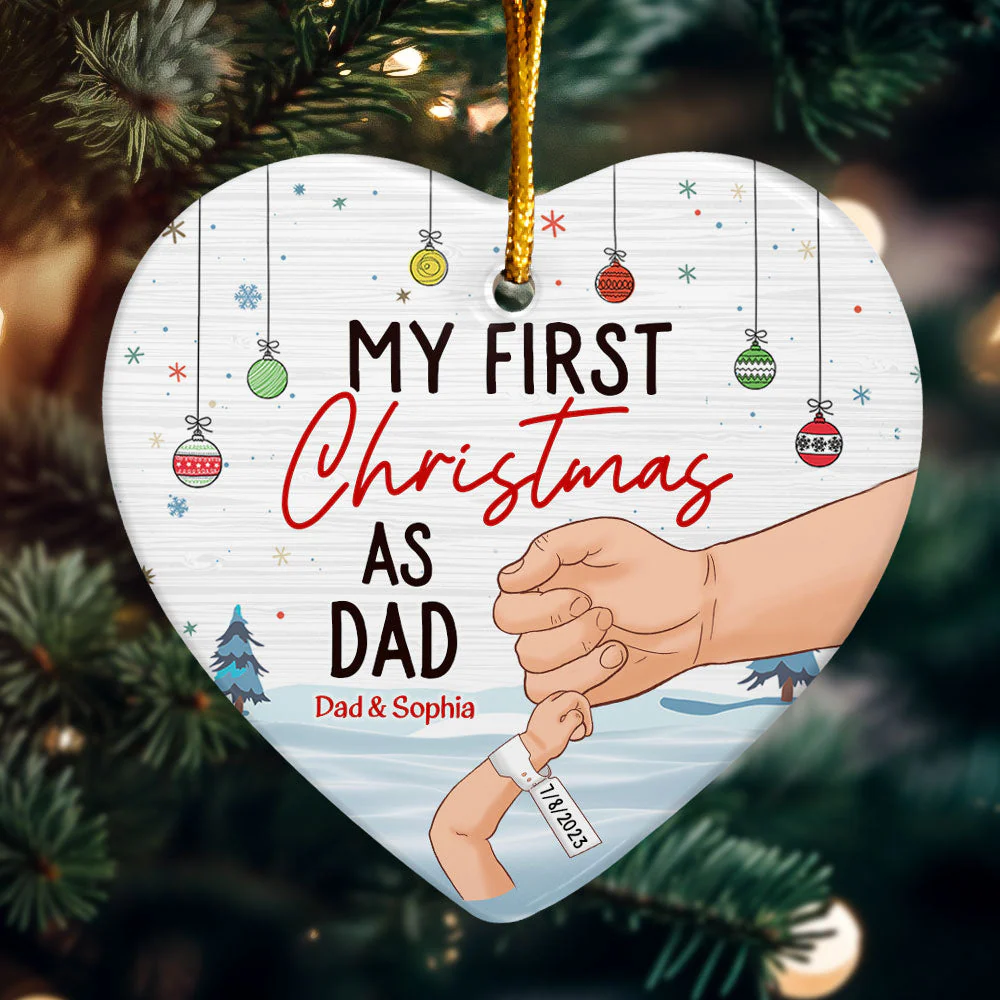 My First Christmas As Dad - Personalized Heart Shaped Ceramic Ornament - Image 2