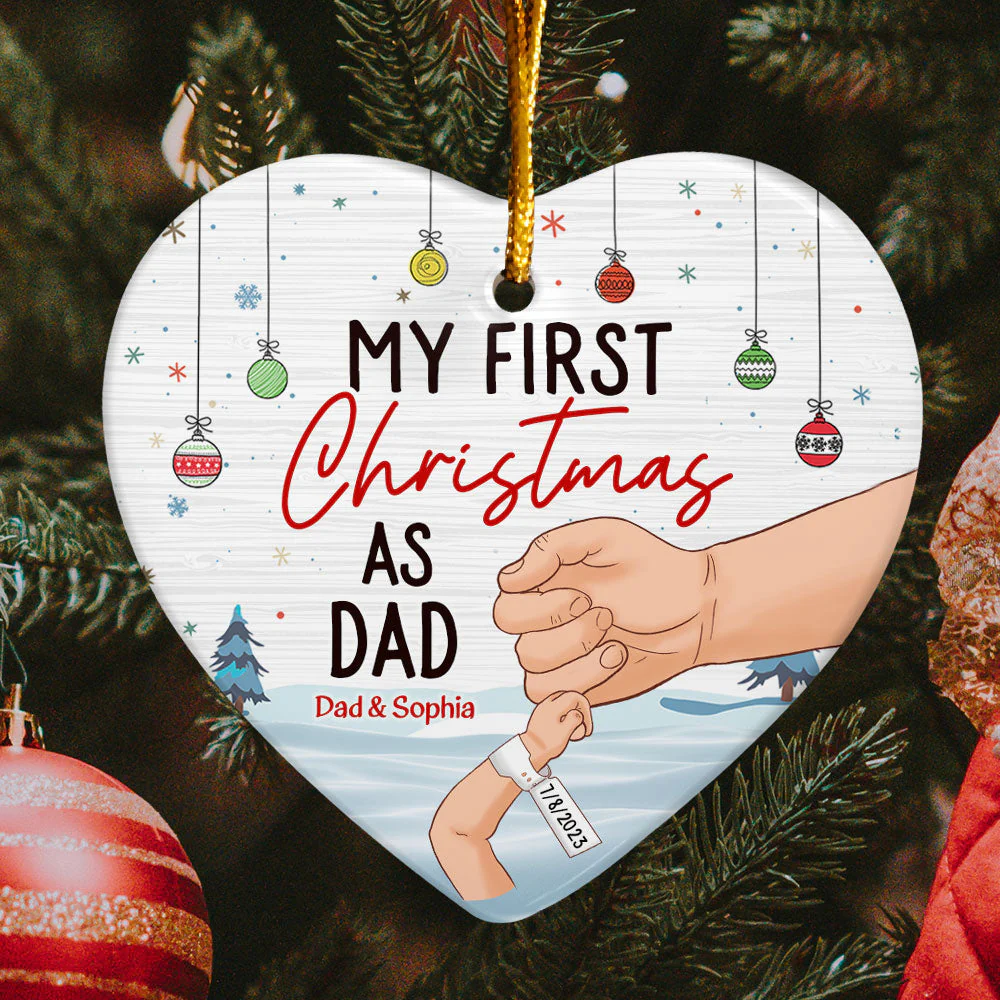 My First Christmas As Dad - Personalized Heart Shaped Ceramic Ornament - Image 3