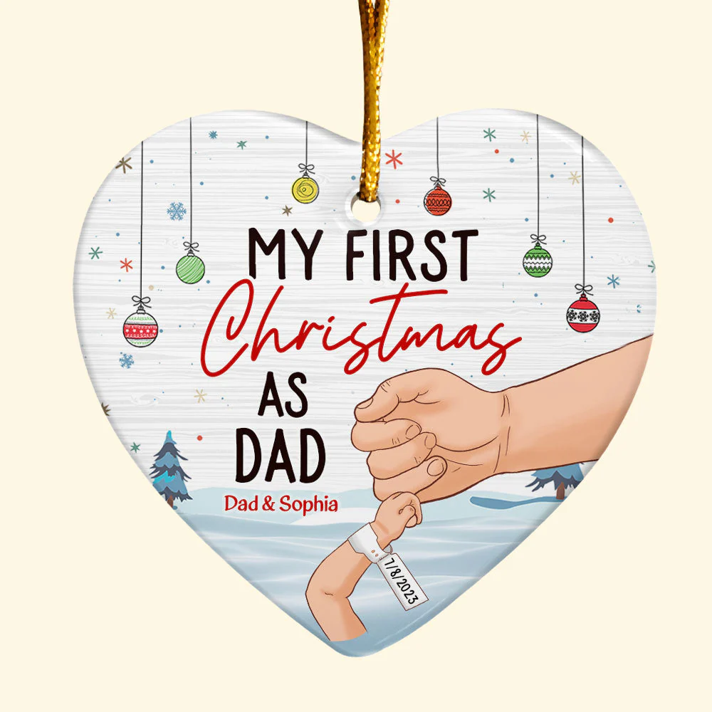 My First Christmas As Dad - Personalized Heart Shaped Ceramic Ornament - Image 4