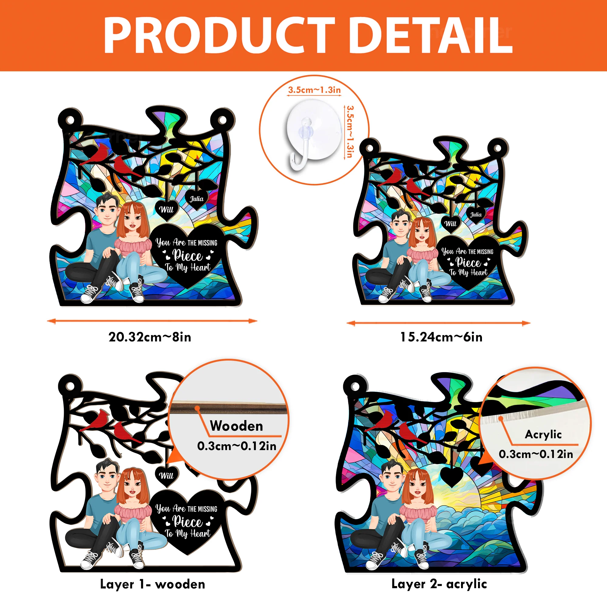 My Missing Piece Anniversary Gifts Couples - Personalized Window Hanging Suncatcher Ornament - Image 4