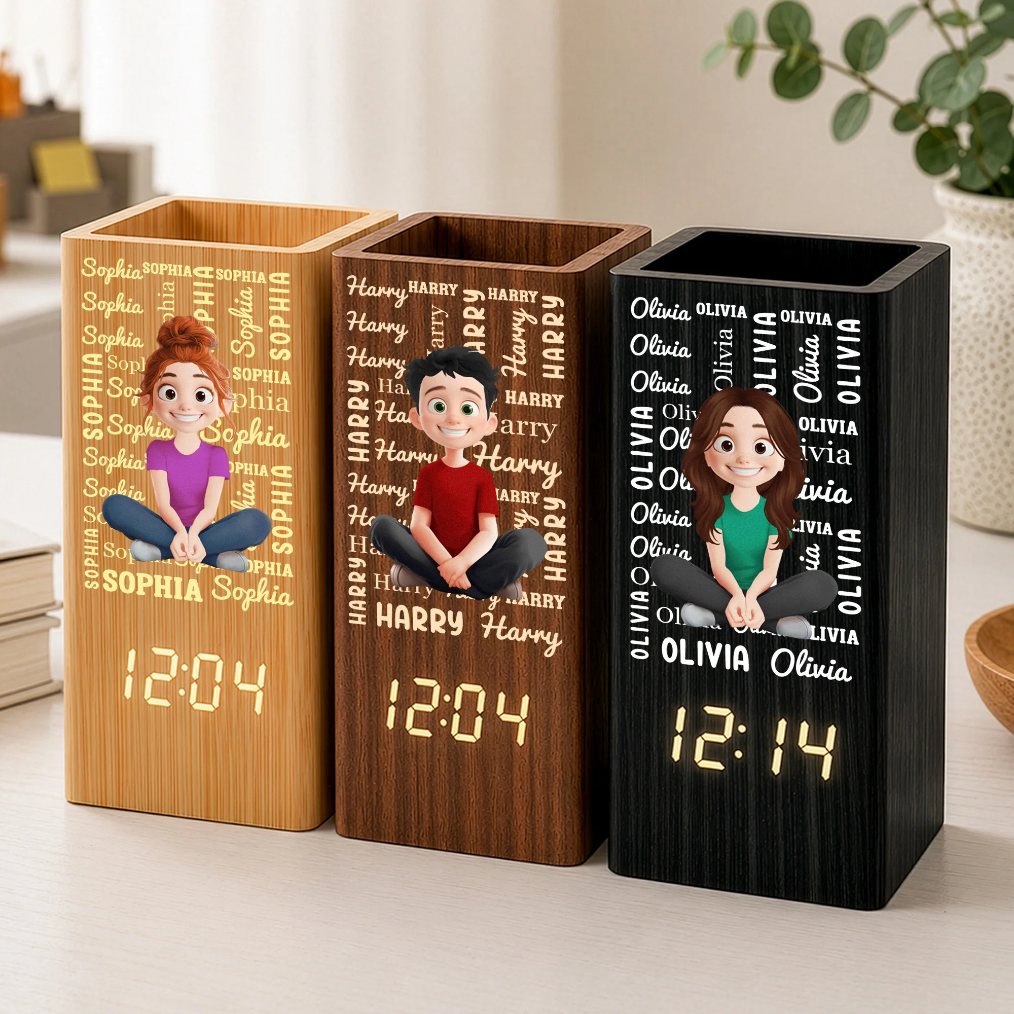 Name Pattern Gift For Kid - Personalized Pen Holder With Clock