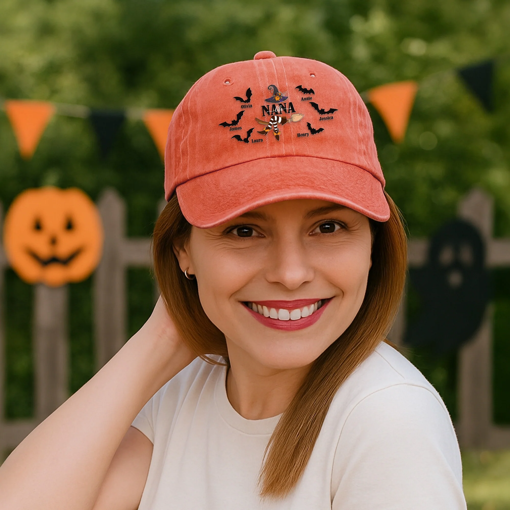 Nana Life - Halloween Witch With Custom Kids Names - Personalized Distressed Denim Cap - Image 5