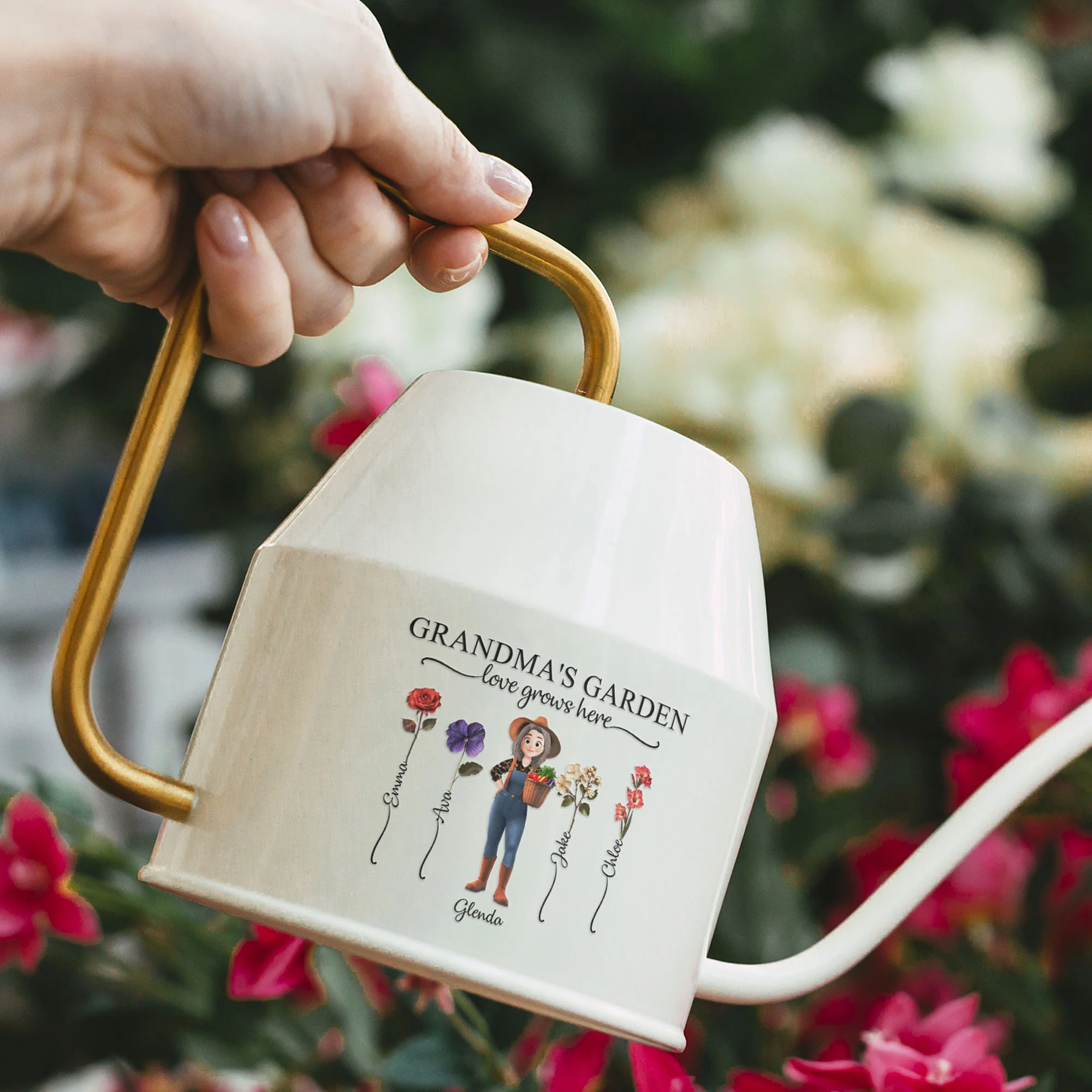 Nana's Garden Love Grows Here Birth Month Flowers - Personalized Indoor Watering Can