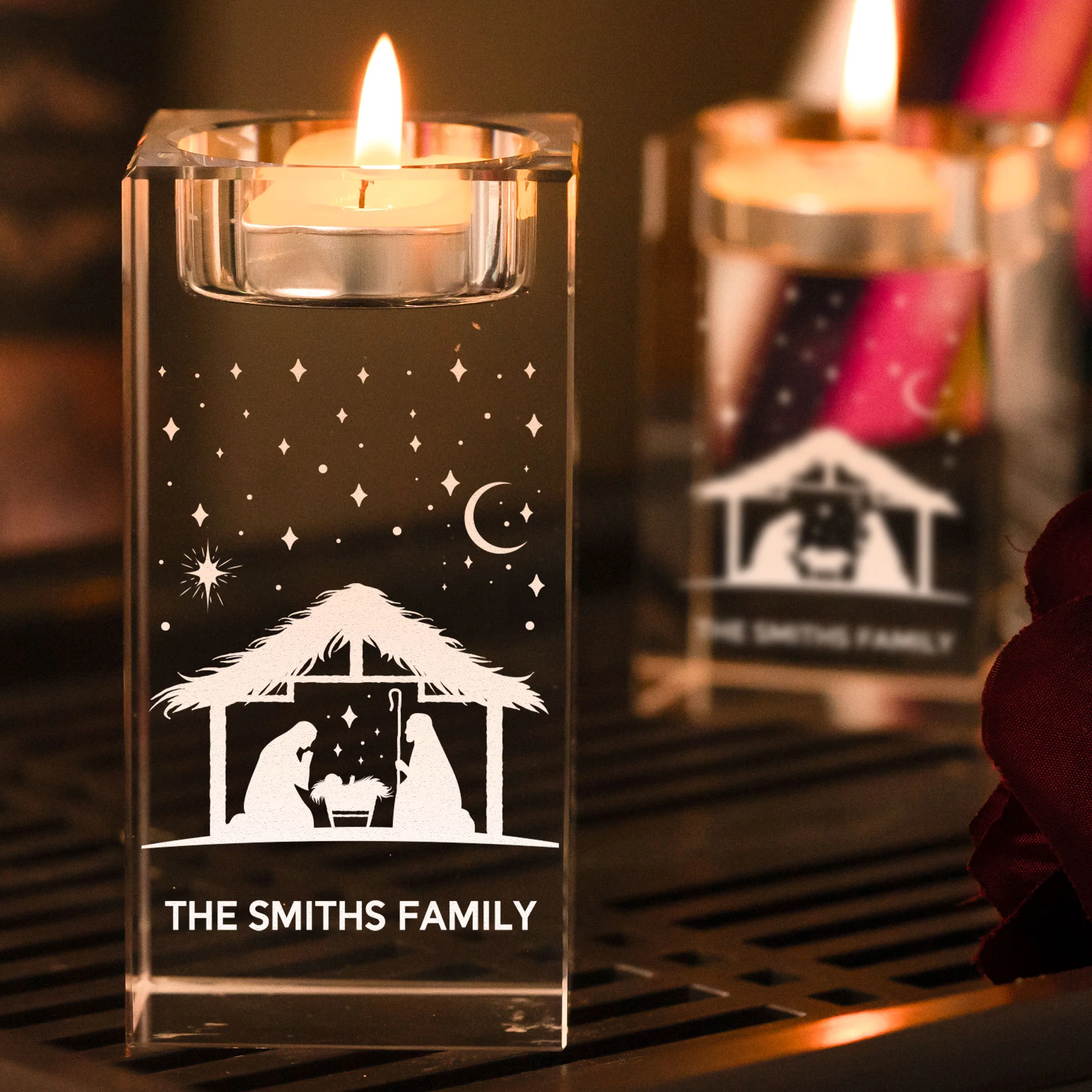 Nativity Scene Family Names - Personalized 2D Crystal Candle Holder - Image 4