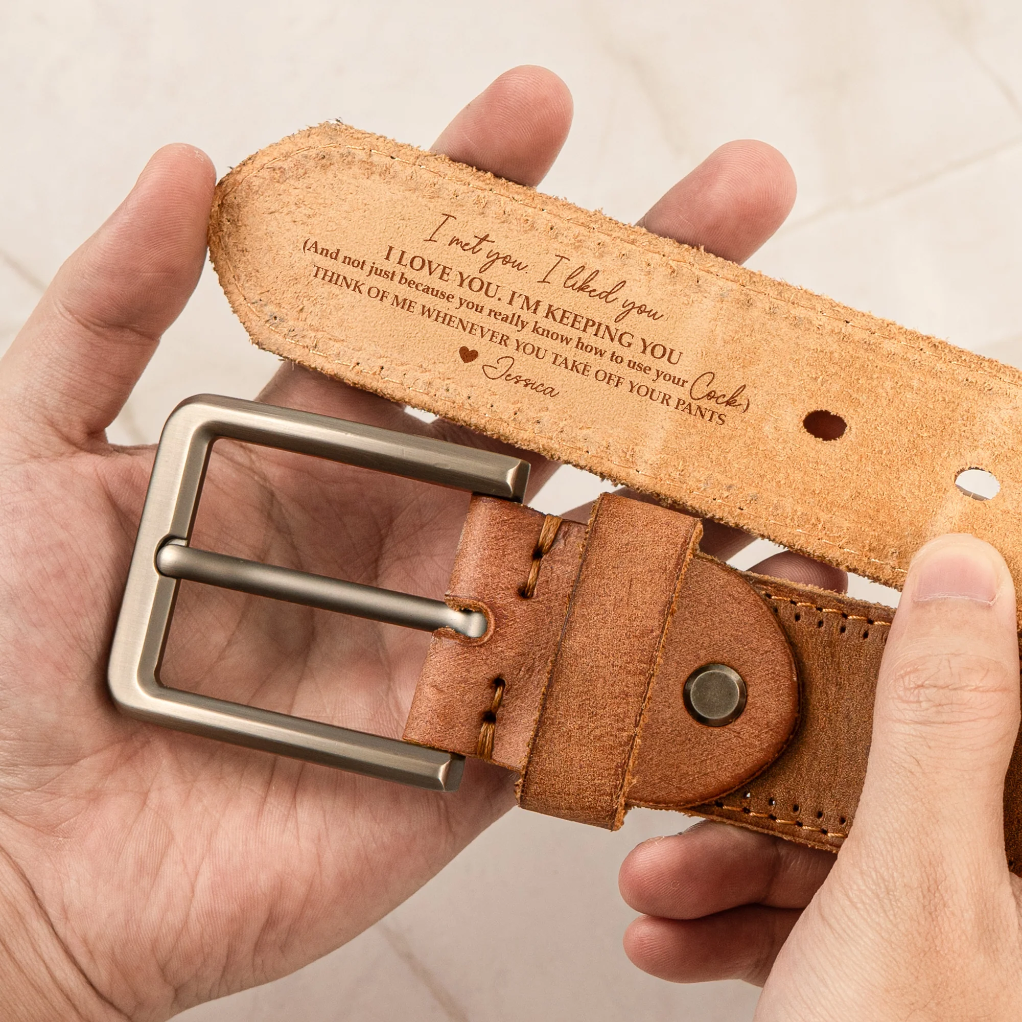 Naughty Gift For Husband, Boyfriend Customize With Hidden Message - Personalized Cowhide Belt - Image 4