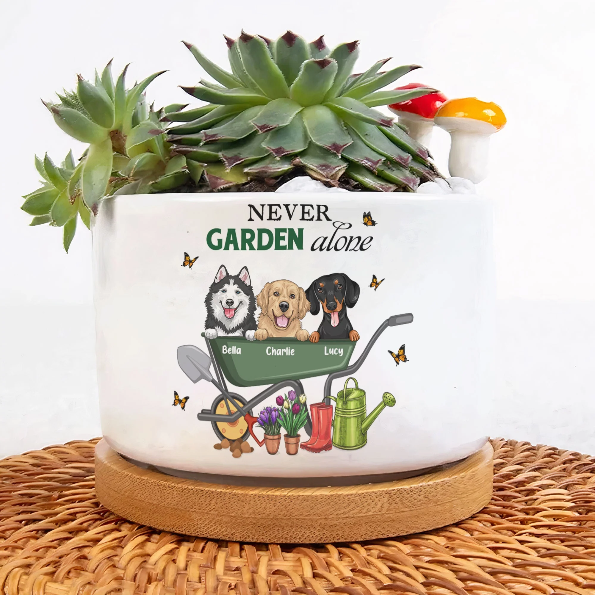 Never Garden Alone - Personalized Ceramic Plant Pot With Tray - Image 3