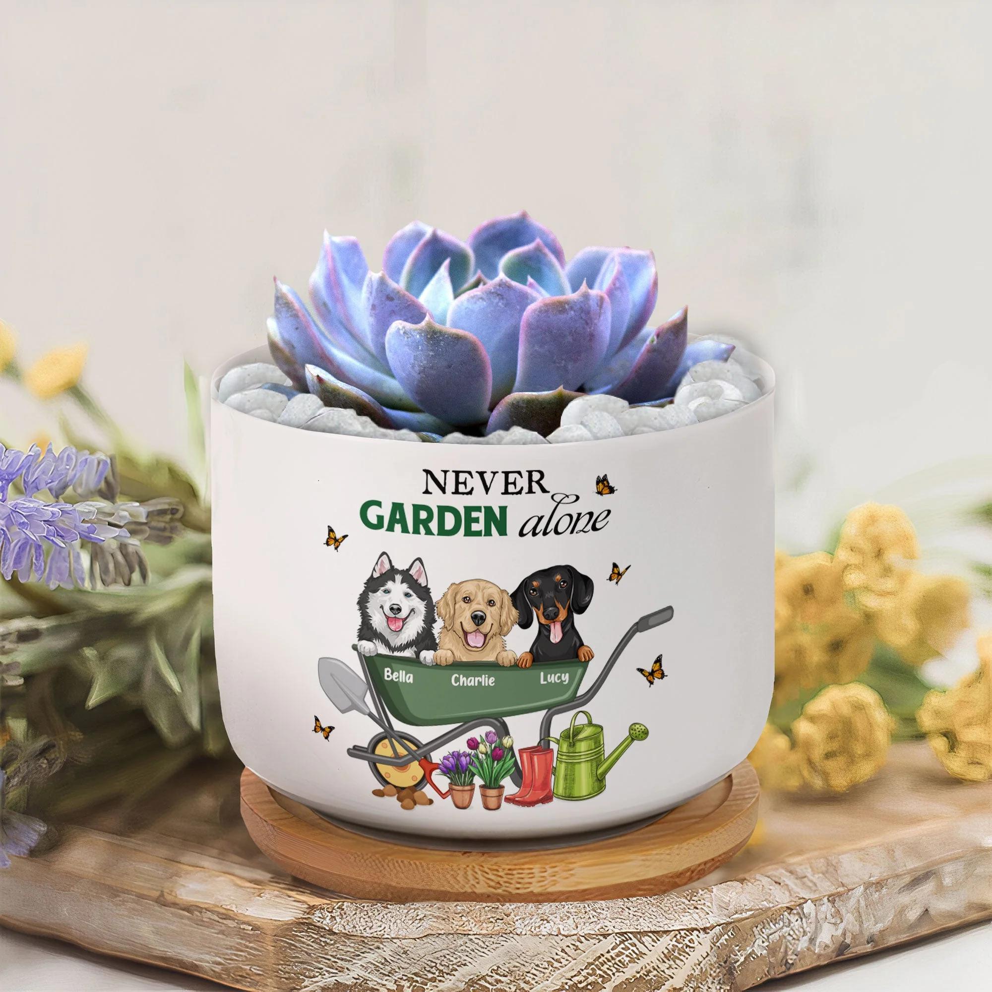 Never Garden Alone - Personalized Ceramic Plant Pot With Tray - Image 4
