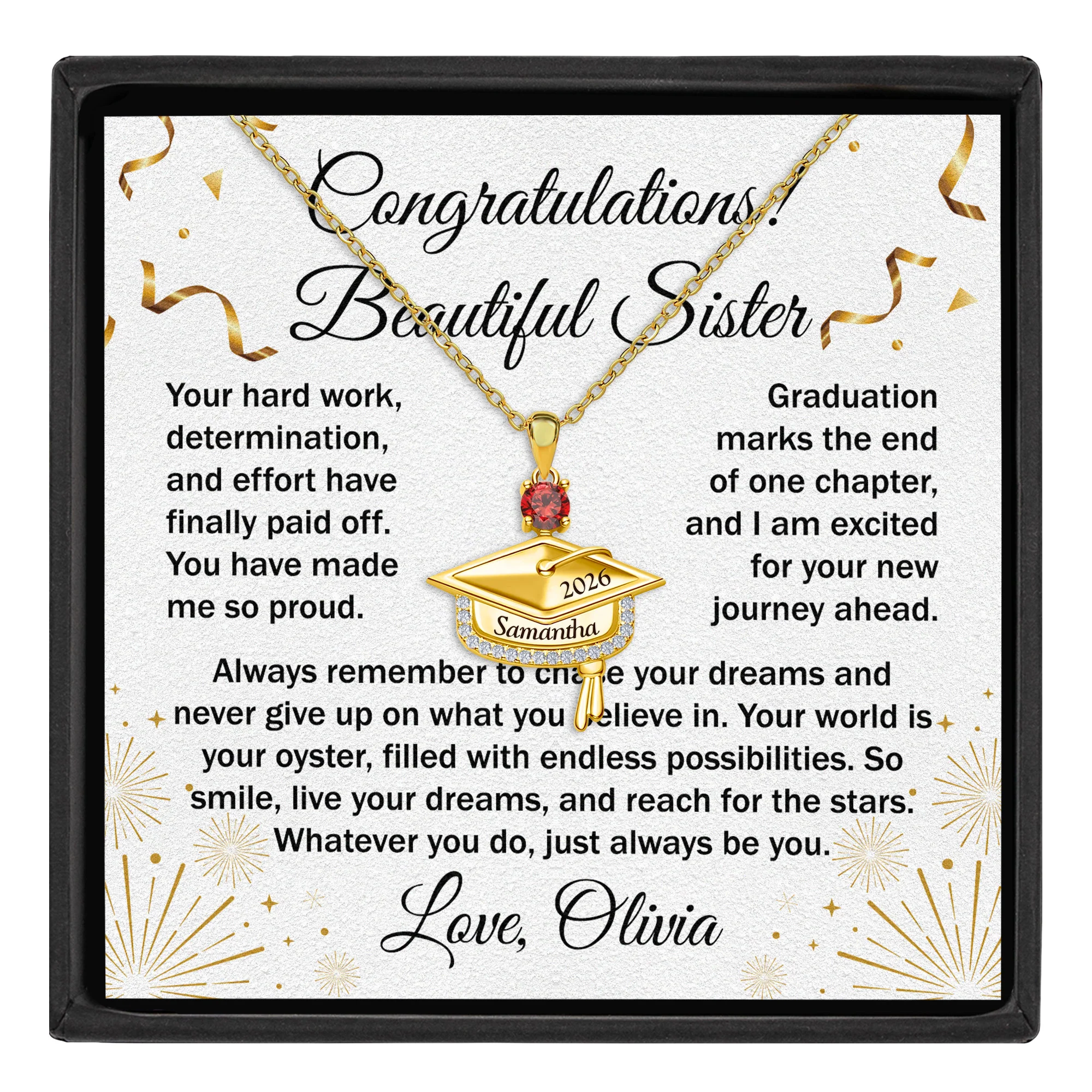 Never Give Up - Personalized Graduation Cap Pendant Necklace With Birthstone - Image 2