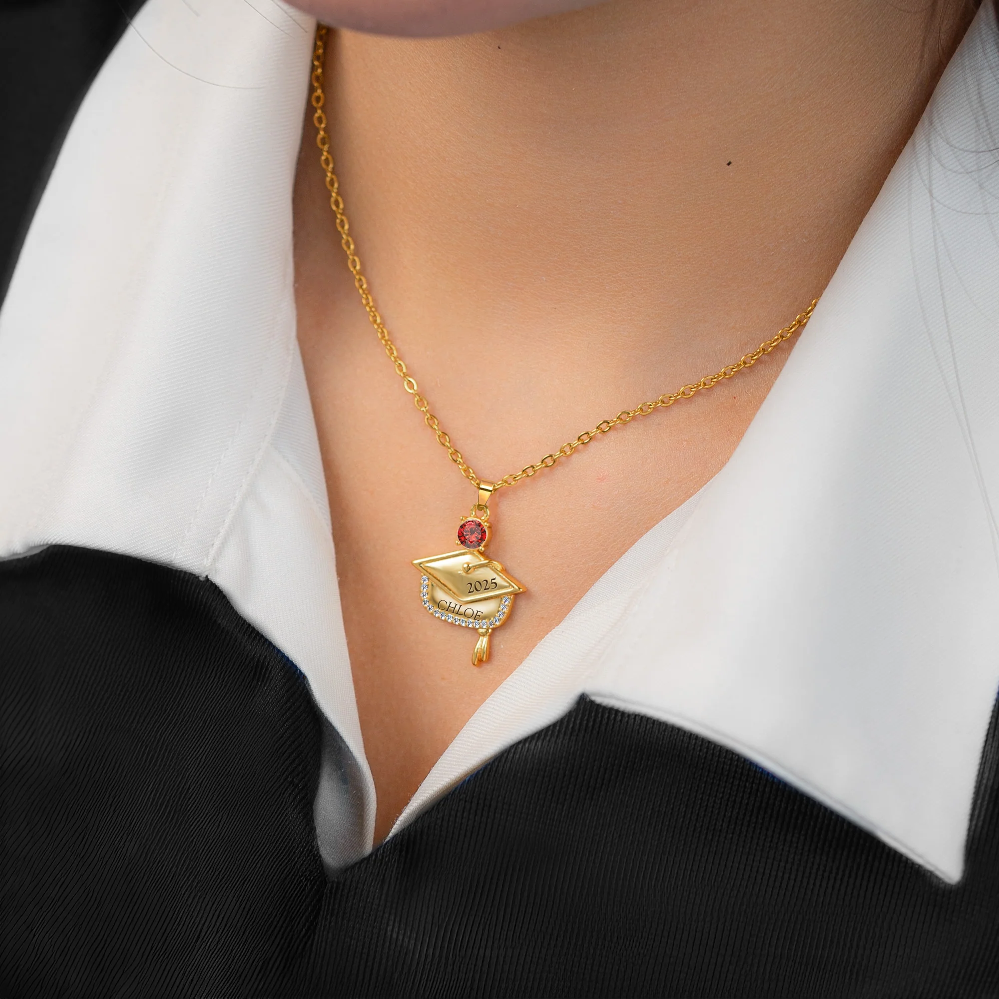 Never Give Up - Personalized Graduation Cap Pendant Necklace With Birthstone - Image 4
