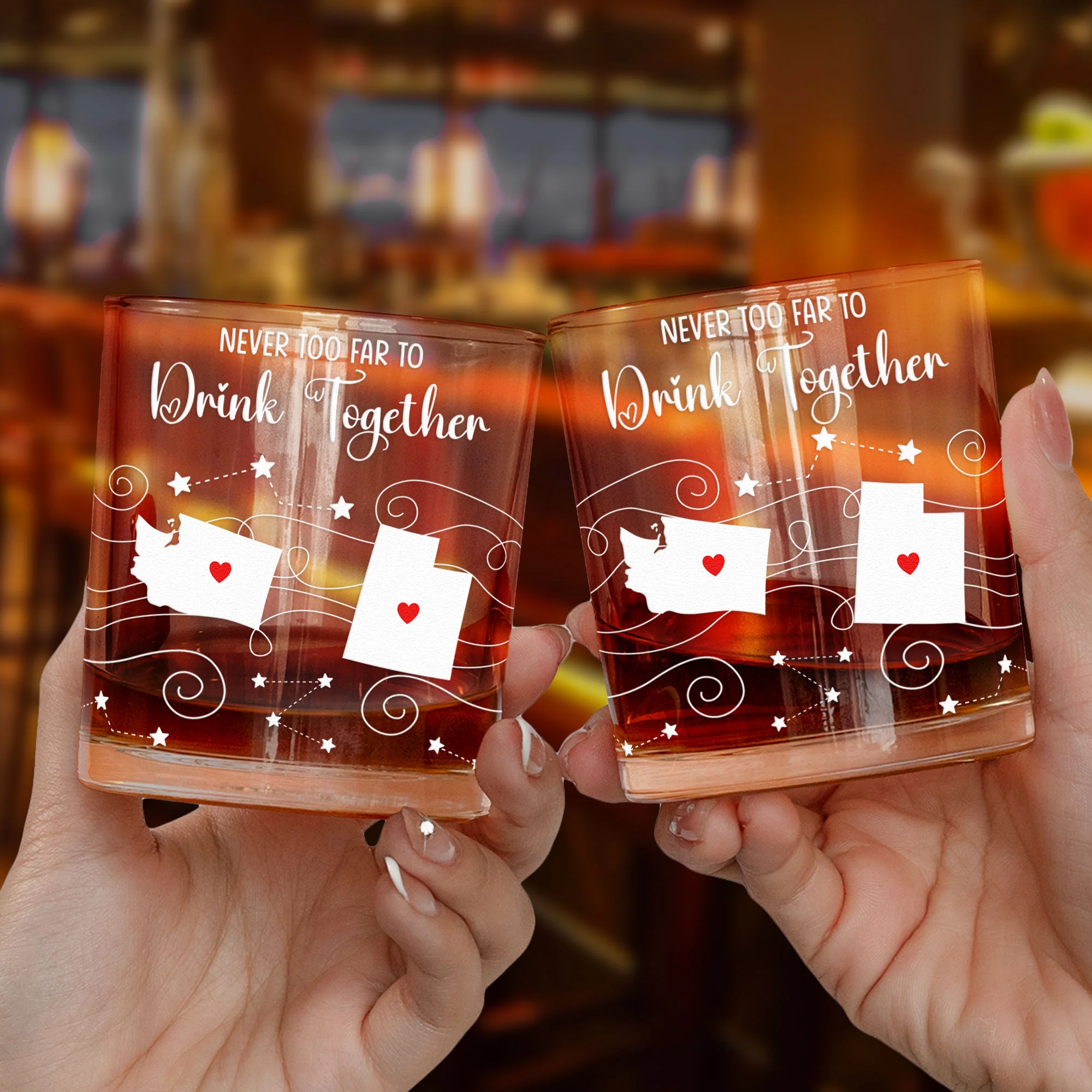 Never Too Far To Drink Together - Custom Multi Map - Long Distance Gifts - Personalized Whiskey Glass - Image 2