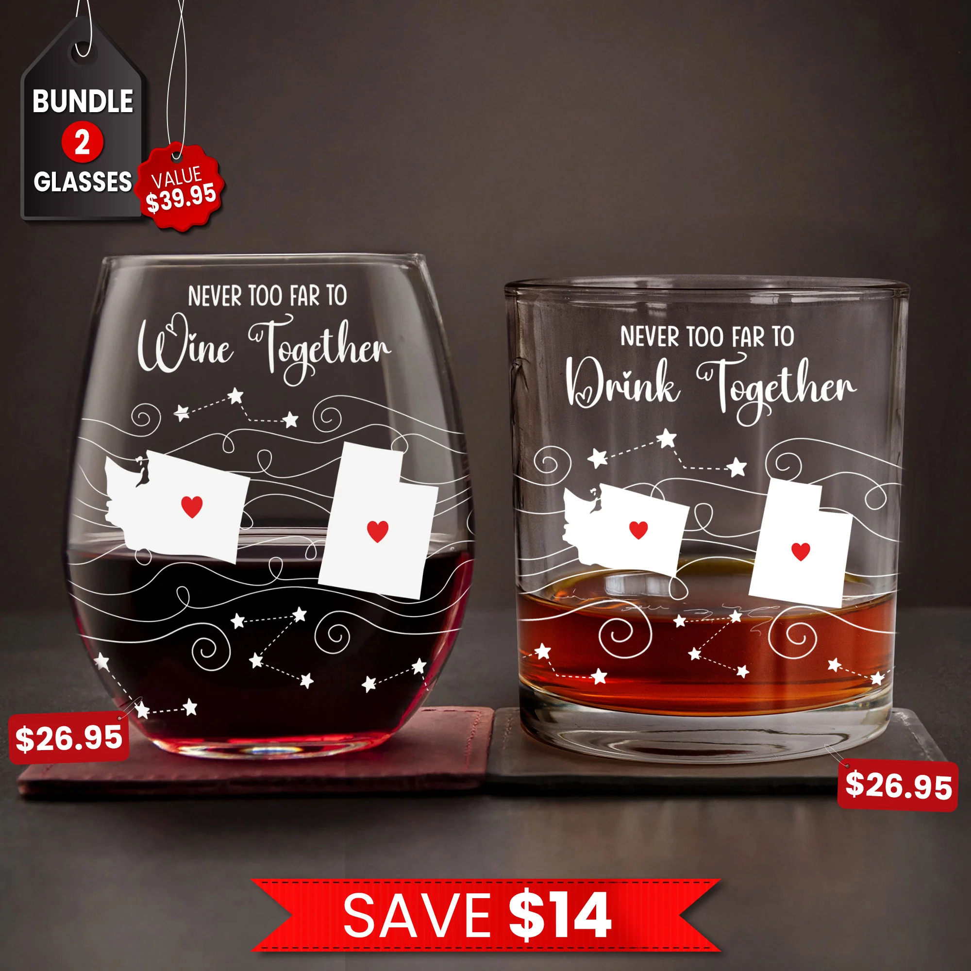 Never Too Far To Drink Together Custom State To State - Personalized Whiskey Glass And Wine Glass Set - Image 2