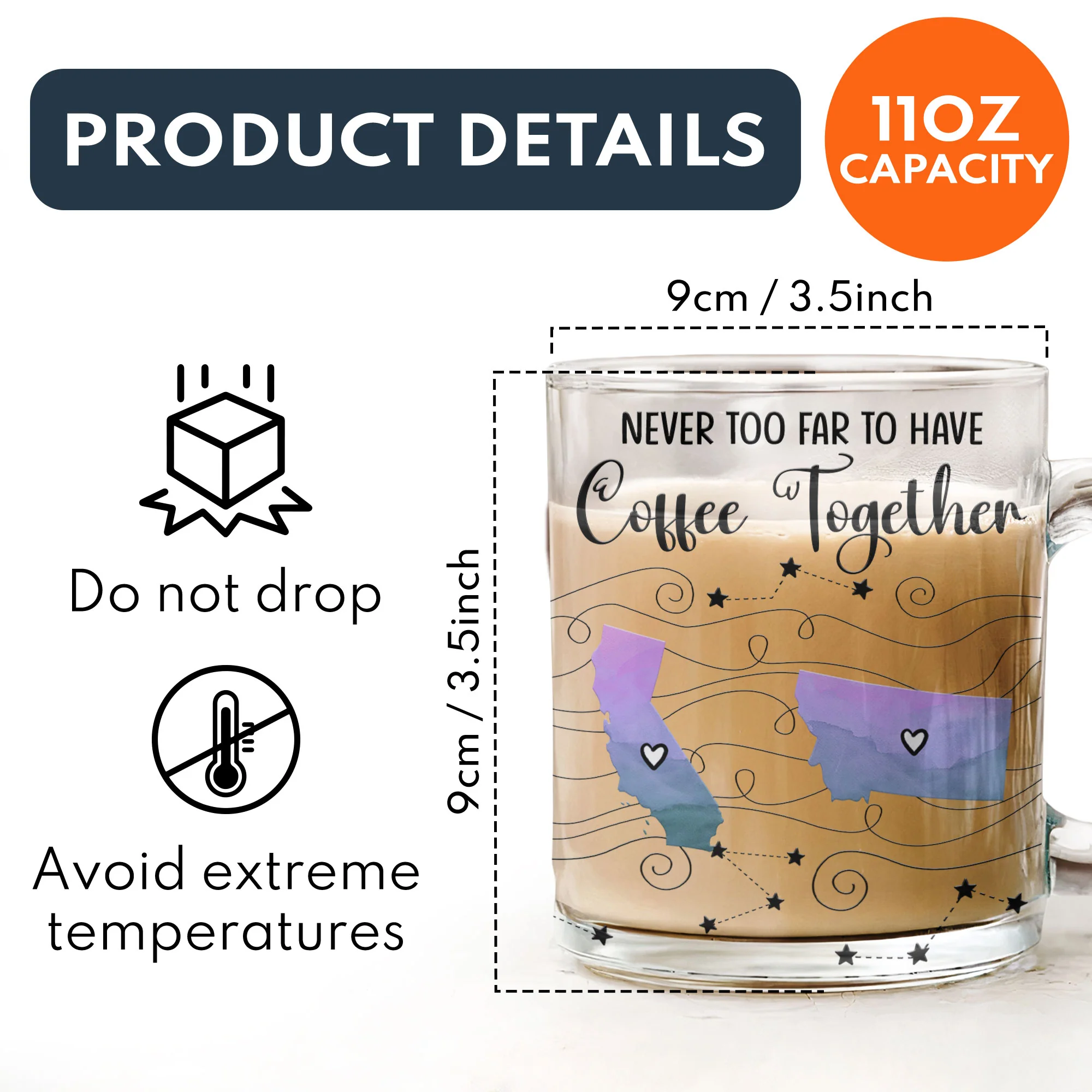 Never Too Far To Have Coffee/Tea Together Long Distance Gifts - Custom States - Personalized Glass Mug - Image 5
