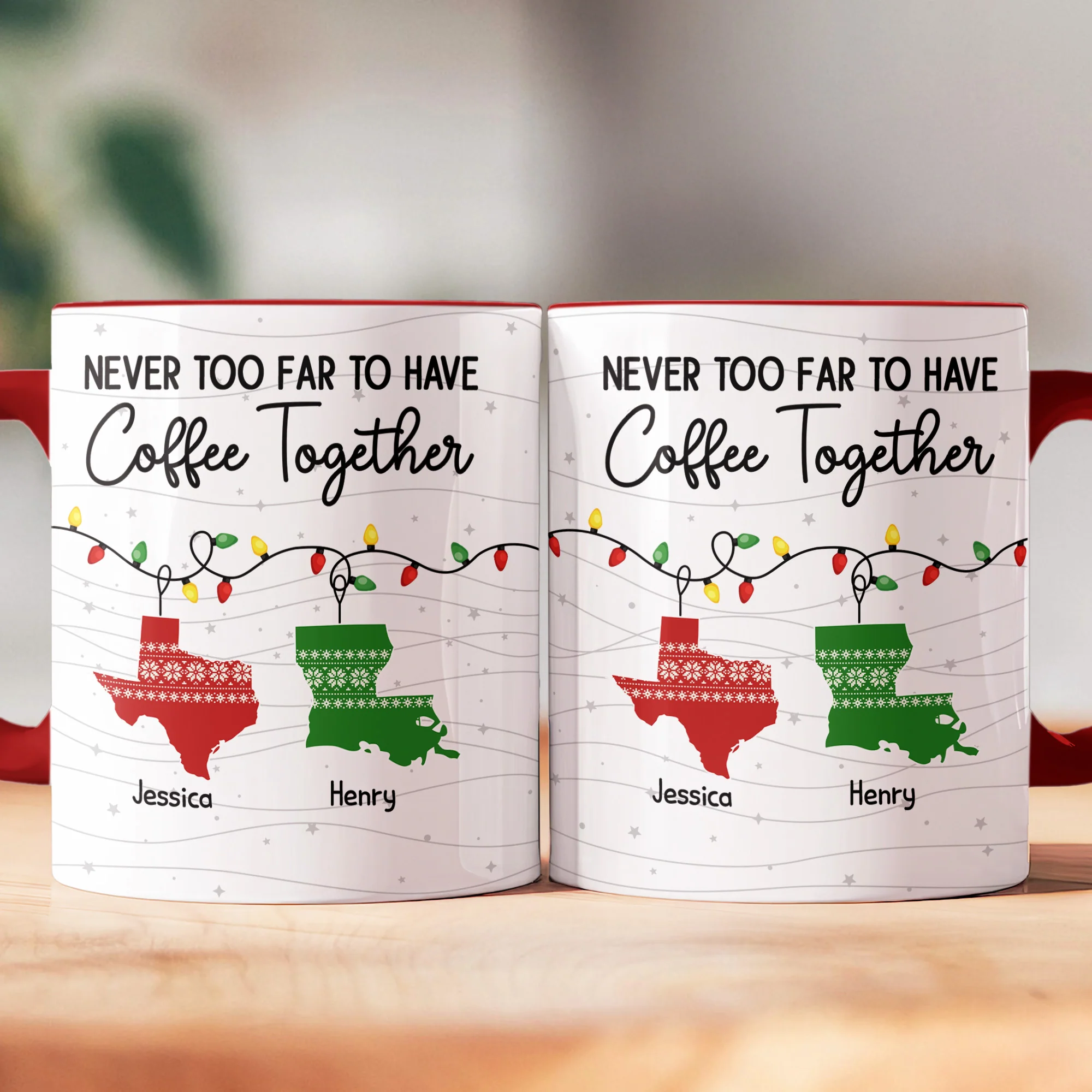Never Too Far To Have Coffee Together - Personalized Accent Mug - Image 2