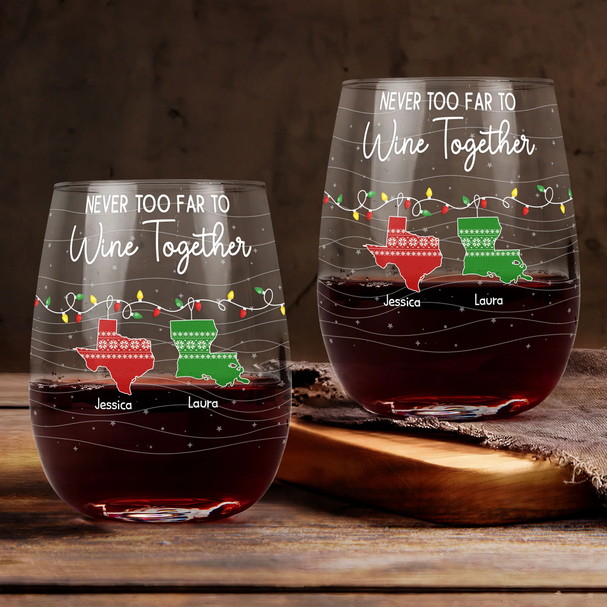 Never Too Far To Wine Together - Custom Multi States - Personalized Stemless Wine Glass - Image 2