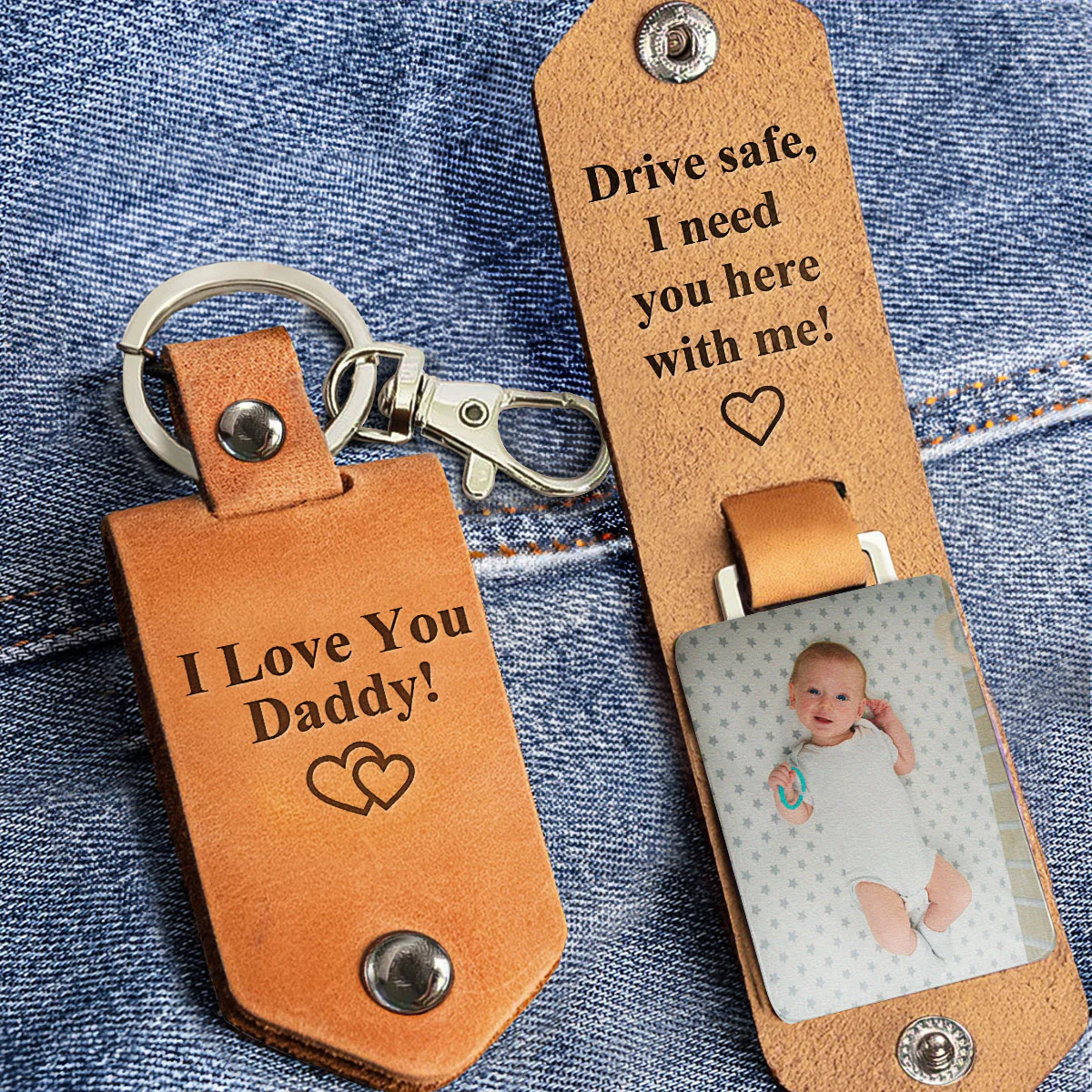 New Dad Gift Drive Safe I Need You Here With Me - Personalized Leather Photo Keychain - Image 2