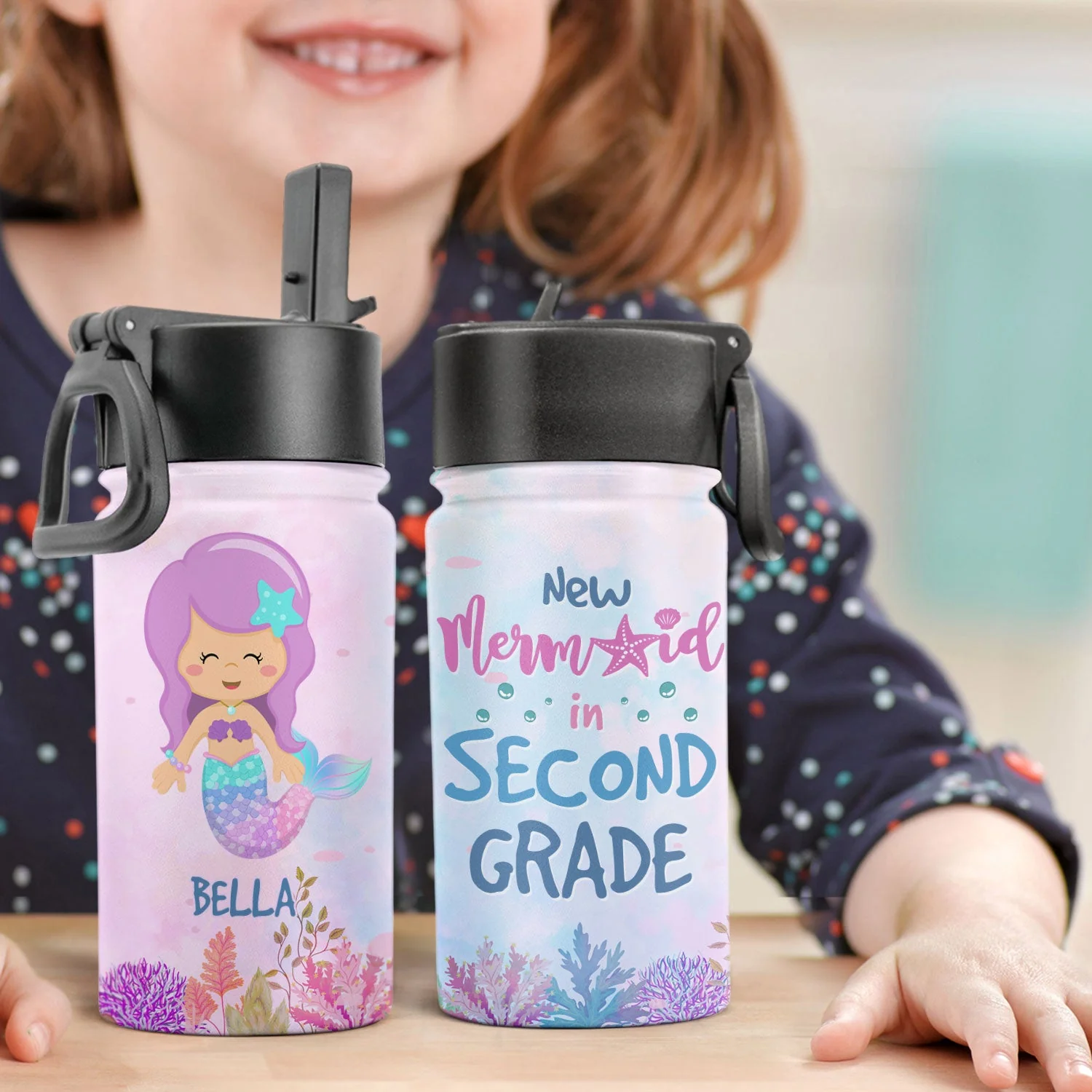 New Little Mermaid In School  - Personalized Kids Water Bottle With Straw Lid - Image 4