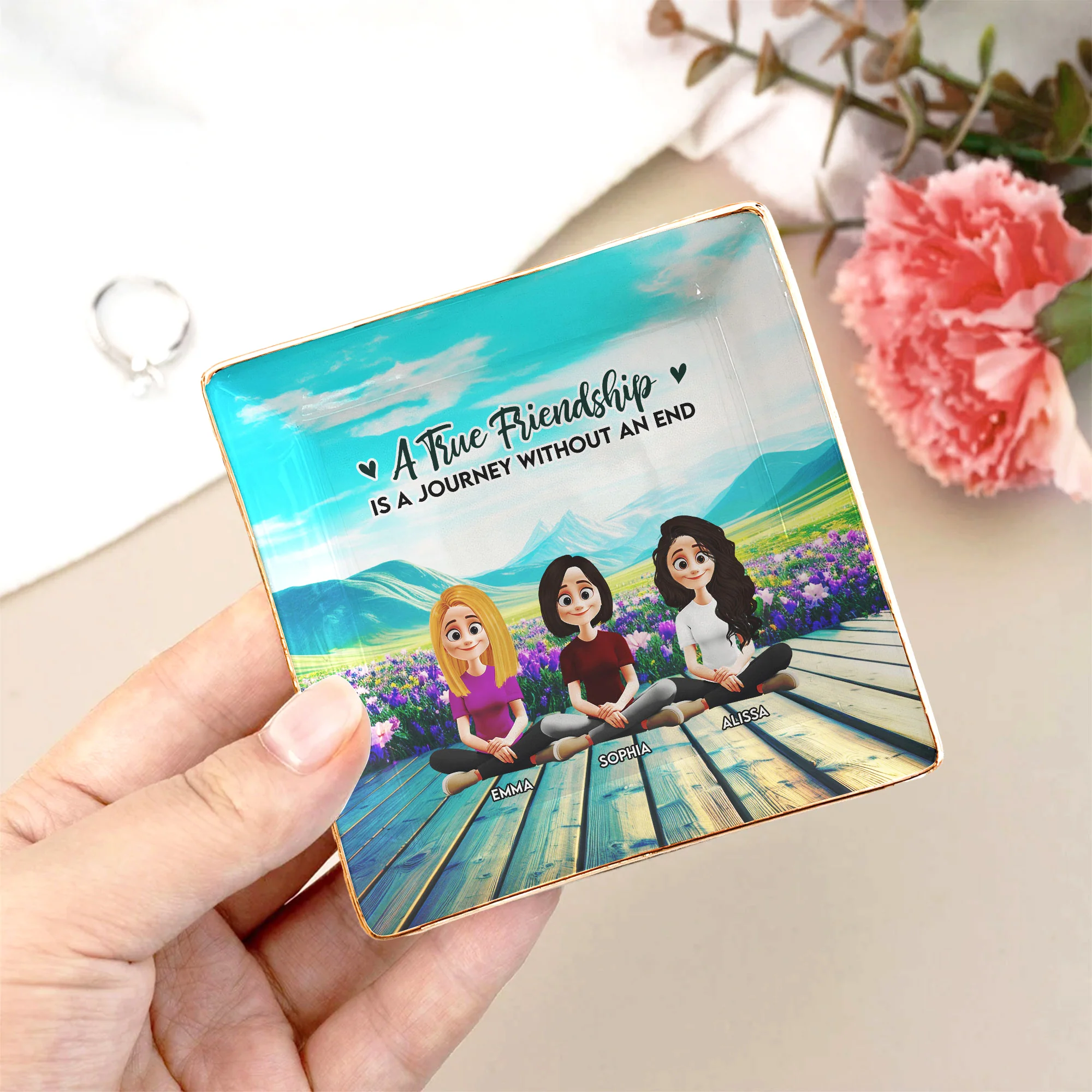 New Version A True Friendship Is A Journey Without An End - Personalized Jewelry Dish - Image 3