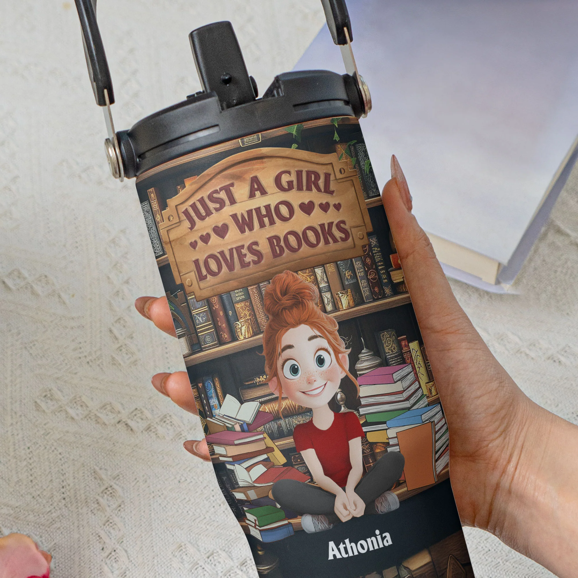 New Version Just A Girl Who Loves Books - Personalized 30oz Tumbler With Handle - Image 3
