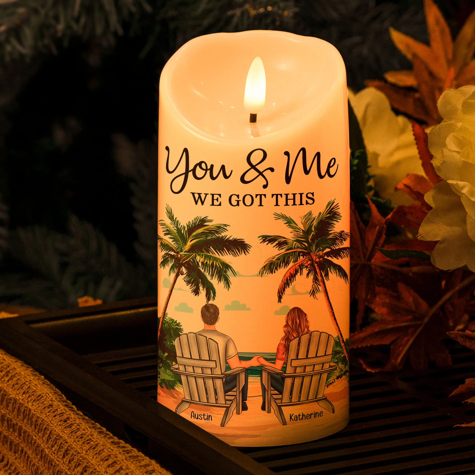 New Version You & Me We Got This Beach Scene - Personalized LED Candle - Image 2