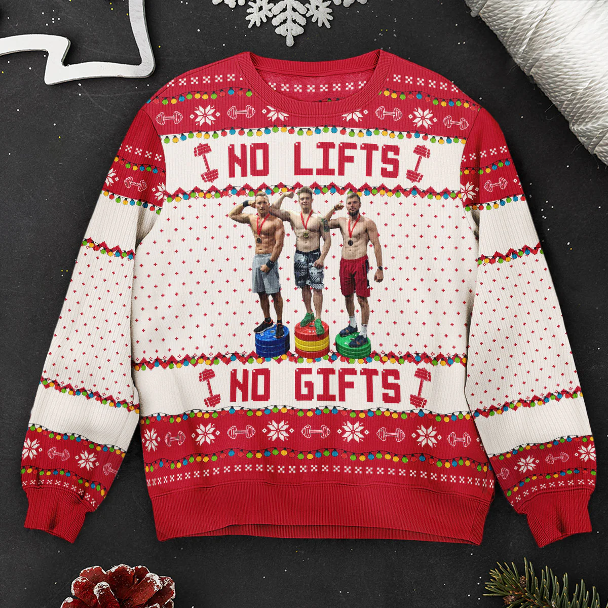 No Lifts No Gifts - Christmas Gifts For Fitness Team - Personalized Photo Ugly Sweater - Image 4