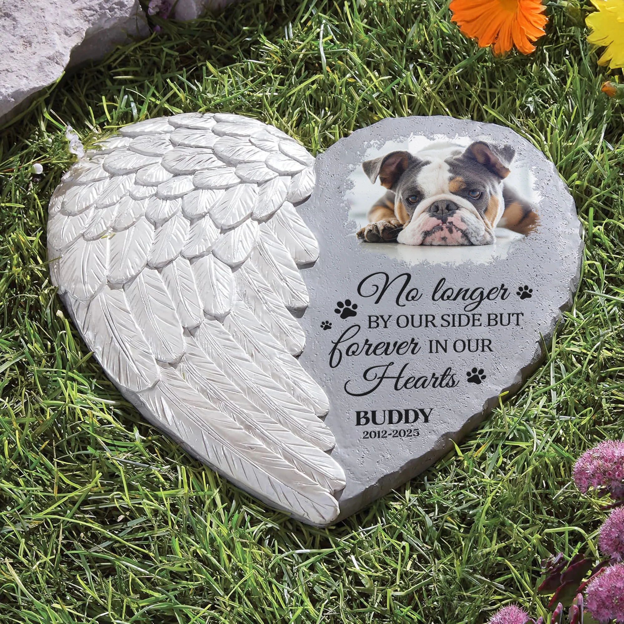 No Longer By Our Side Forever In Our Hearts - Personalized Photo Memorial Garden Stone - Image 2