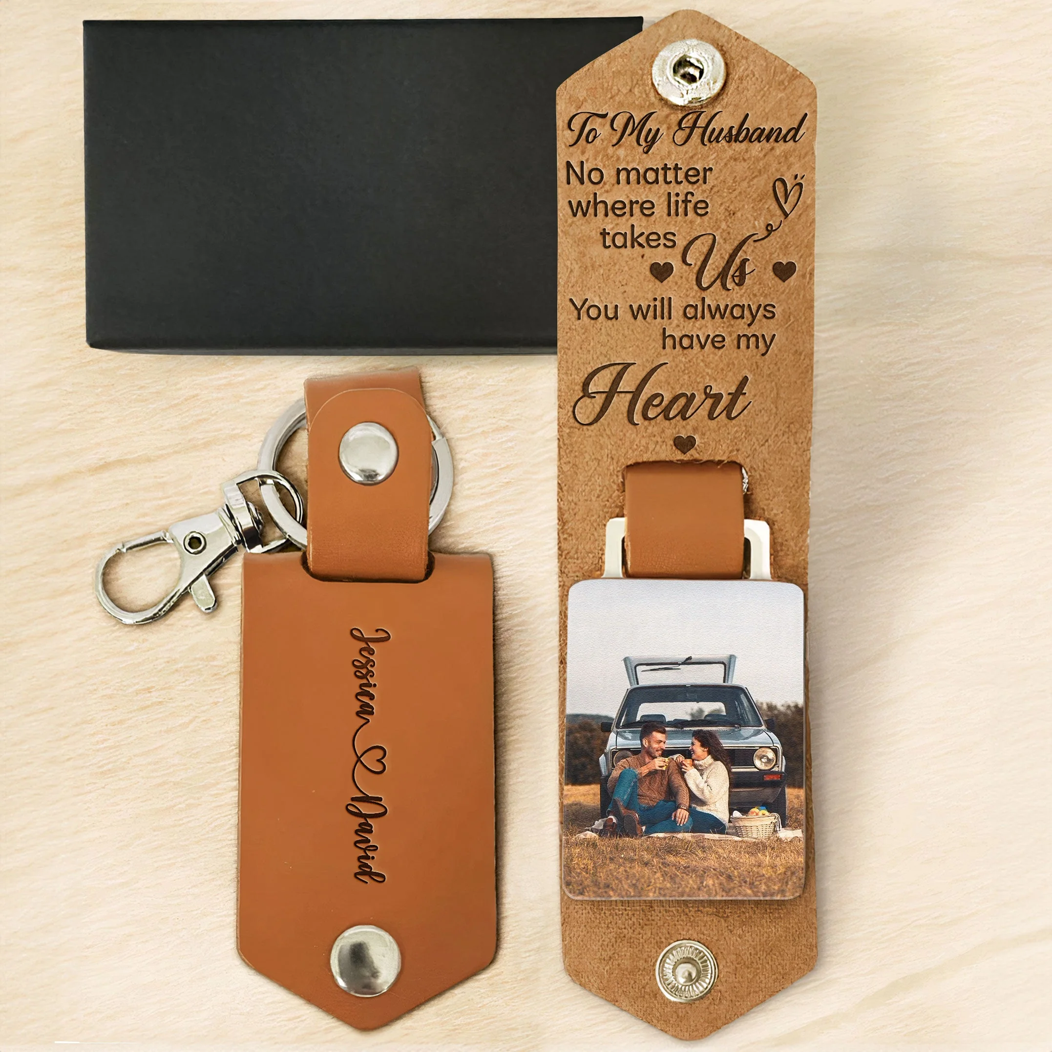 No Matter Where Life Takes Us - Personalized Leather Photo Keychain - Image 5