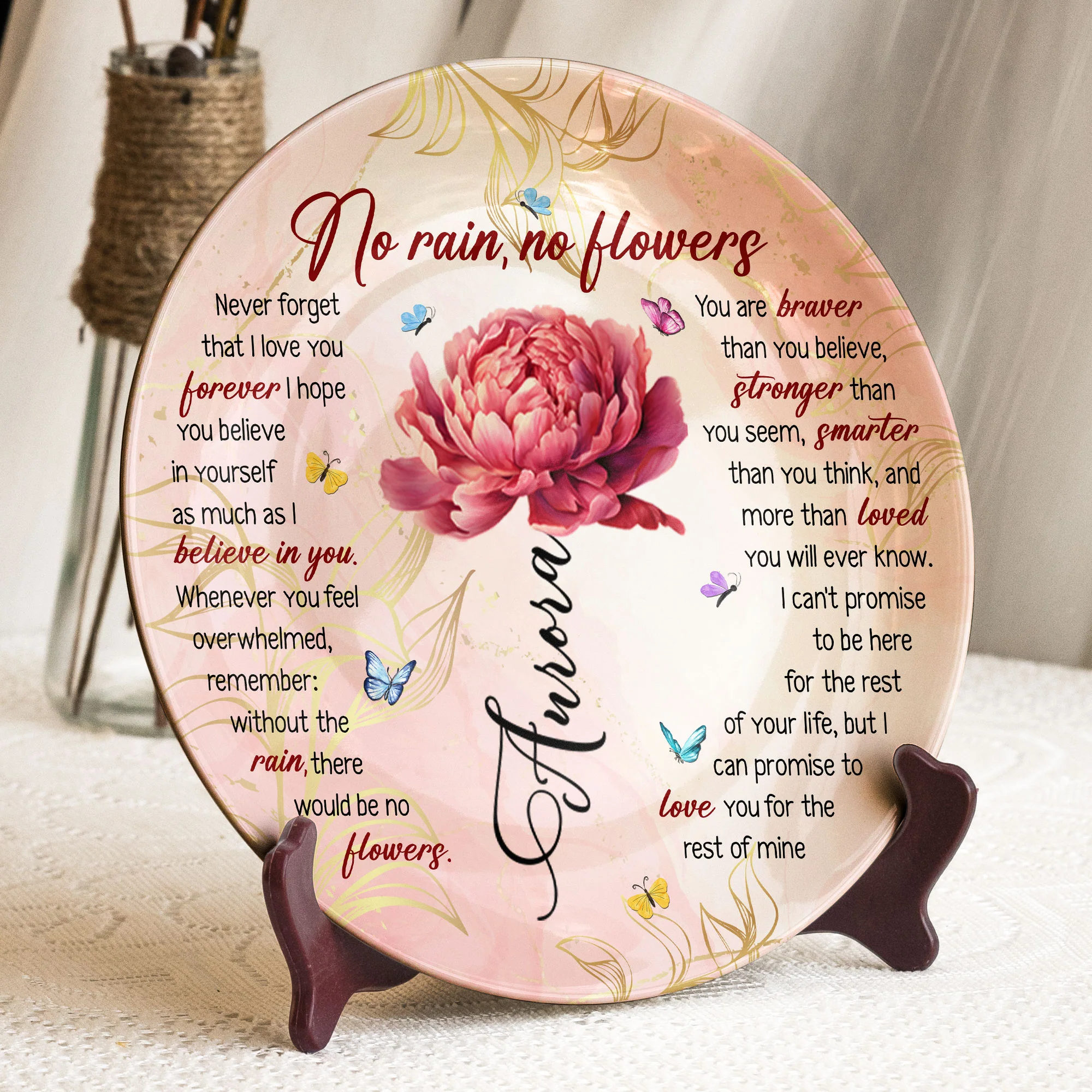 No Rain, No Flowers - Gifts For Daughter - Personalized Ceramic Plate - Image 2