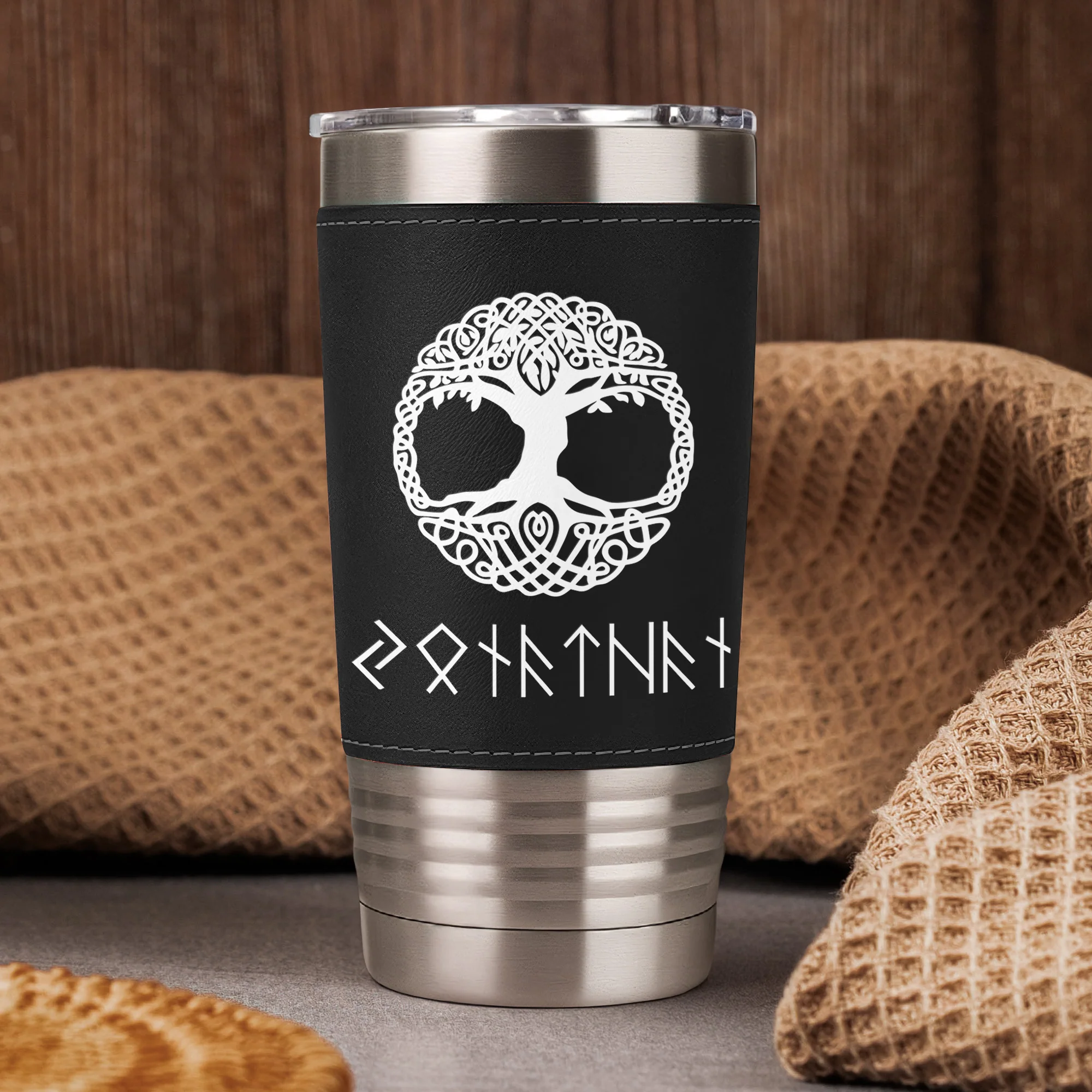 Norse Mythology Viking Runes - Personalized 20oz Leather Wrapped Tumbler - Image 4