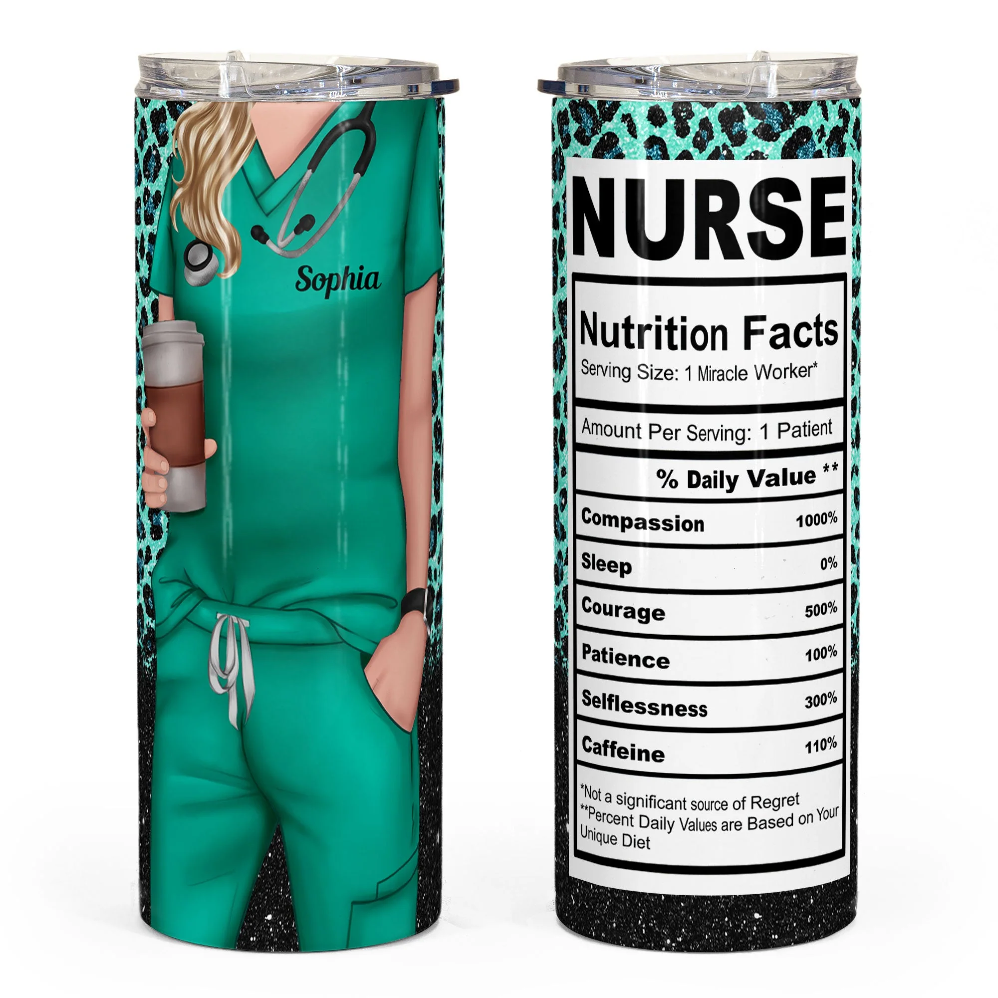 Nurse Life Nutrition Facts - Personalized Skinny Tumbler - Glitter Leopard Design