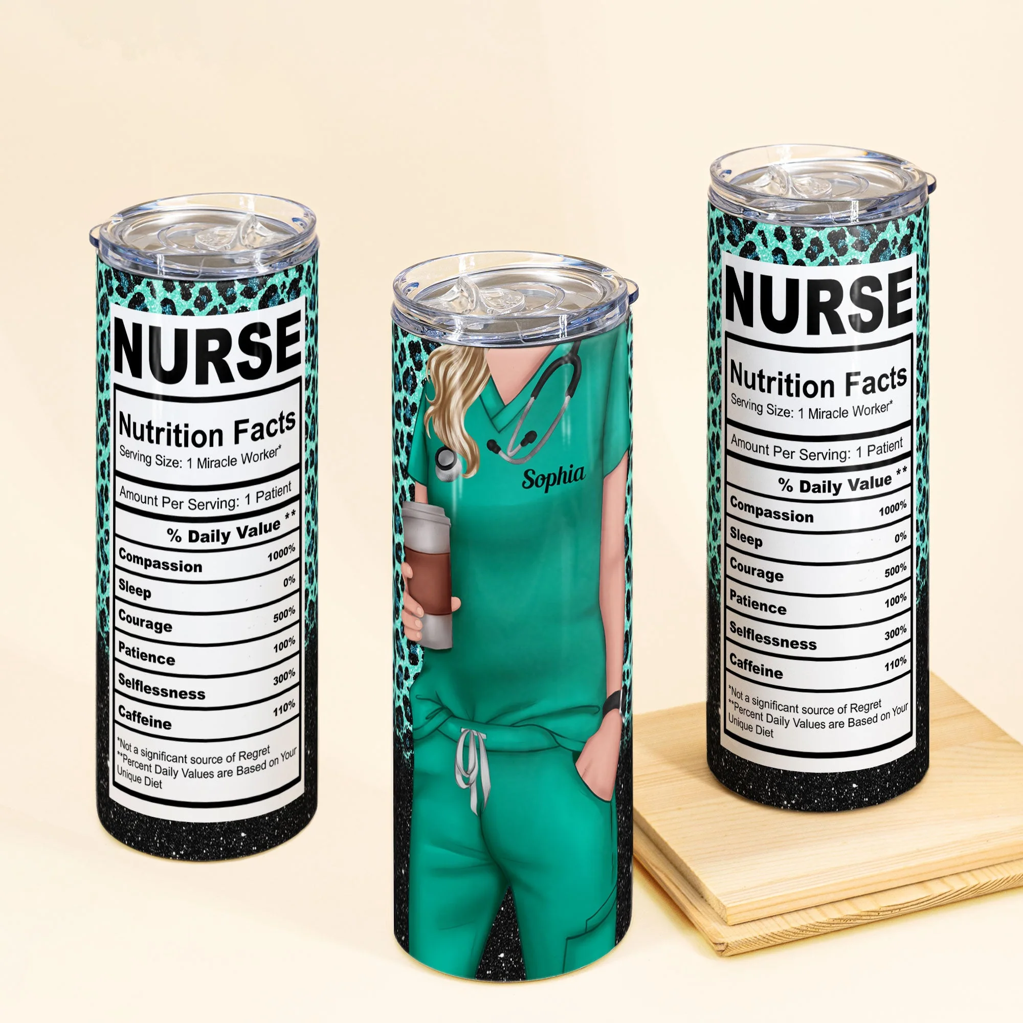 Nurse Life Nutrition Facts - Personalized Skinny Tumbler - Glitter Leopard Design - Image 2