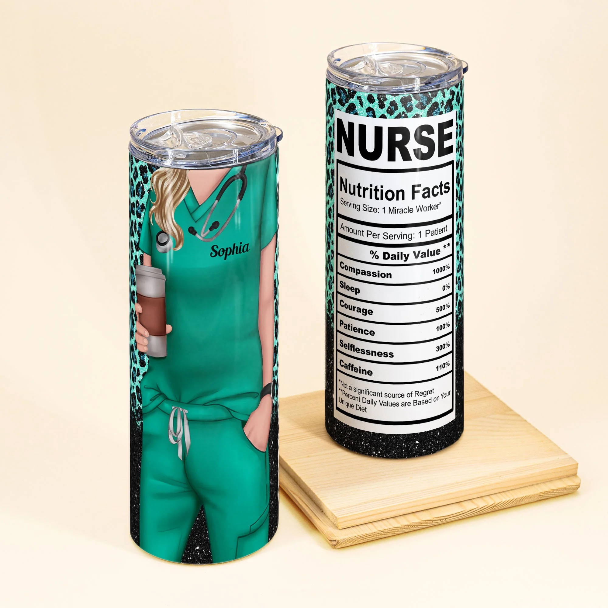Nurse Life Nutrition Facts - Personalized Skinny Tumbler - Glitter Leopard Design - Image 3
