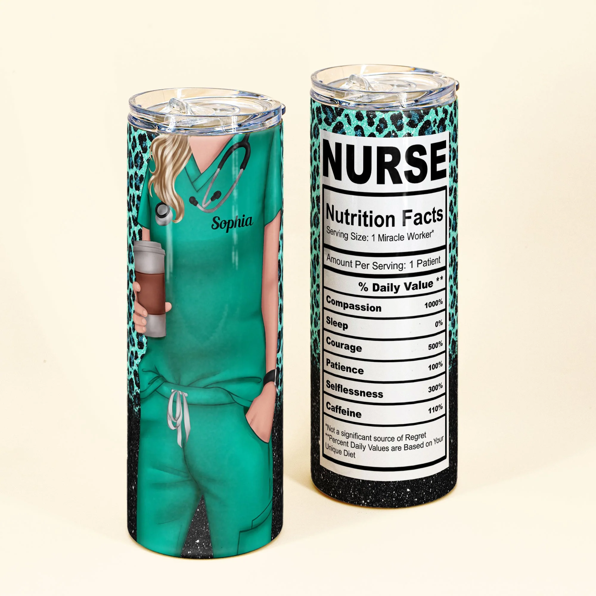 Nurse Life Nutrition Facts - Personalized Skinny Tumbler - Glitter Leopard Design - Image 4