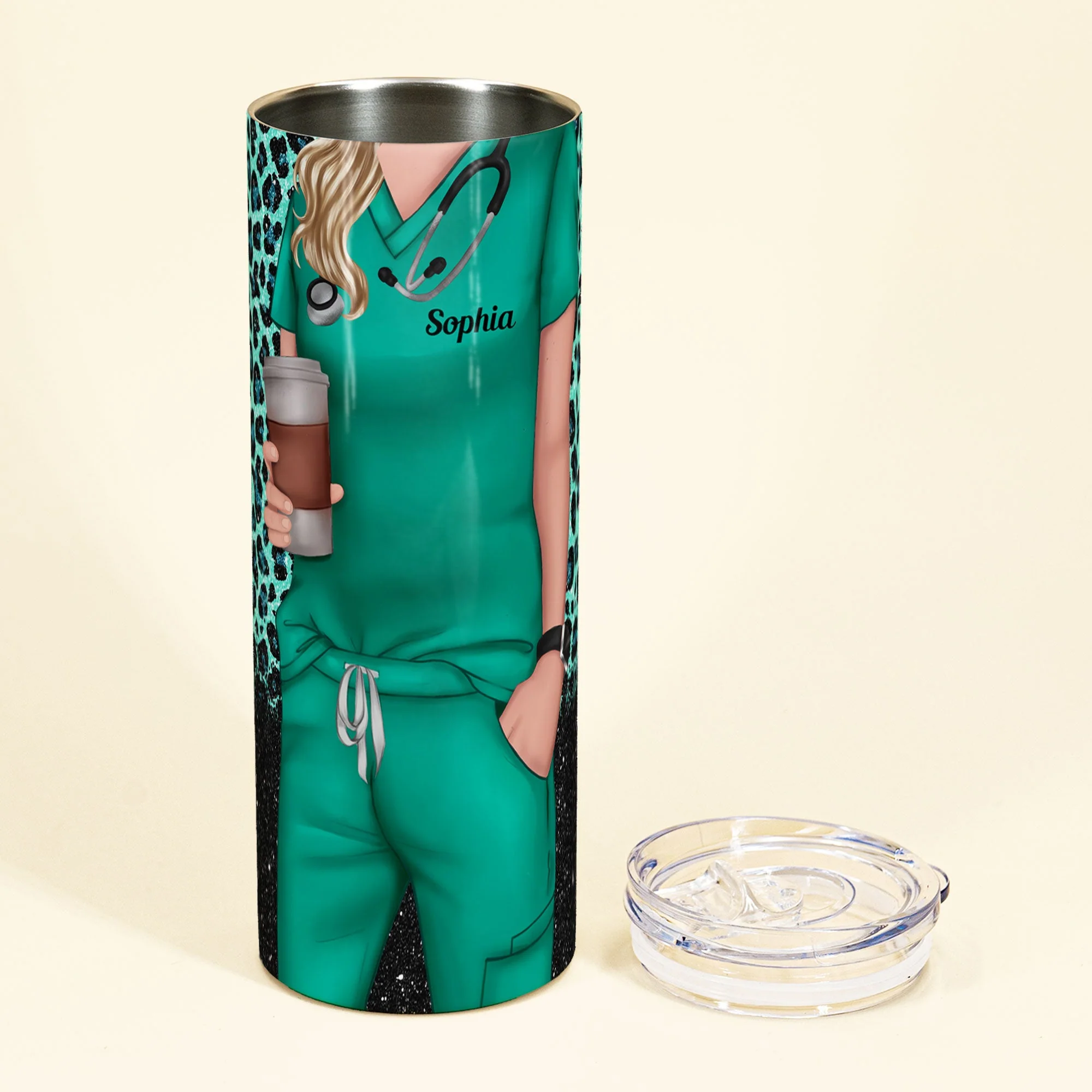 Nurse Life Nutrition Facts - Personalized Skinny Tumbler - Glitter Leopard Design - Image 5