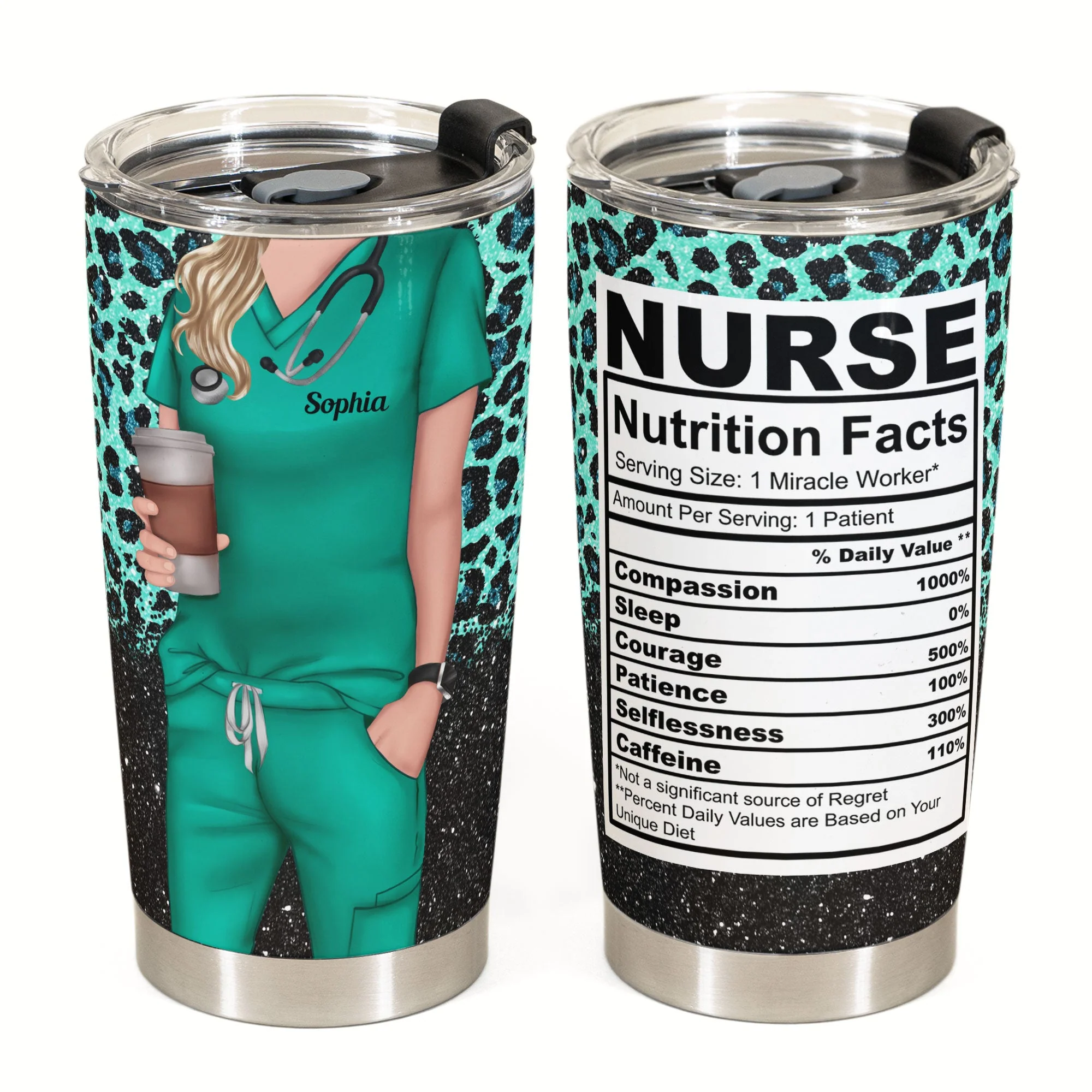 Nurse Life Nutrition Facts - Personalized Tumbler Cup - Glitter Leopard Design - Image 2