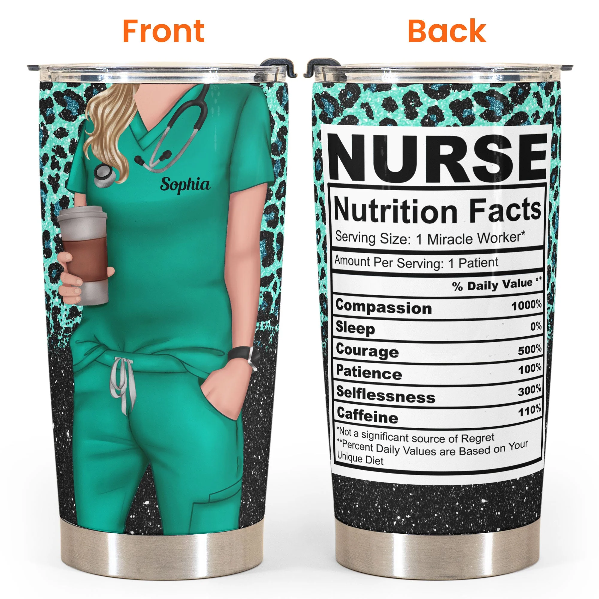 Nurse Life Nutrition Facts - Personalized Tumbler Cup - Glitter Leopard Design - Image 4