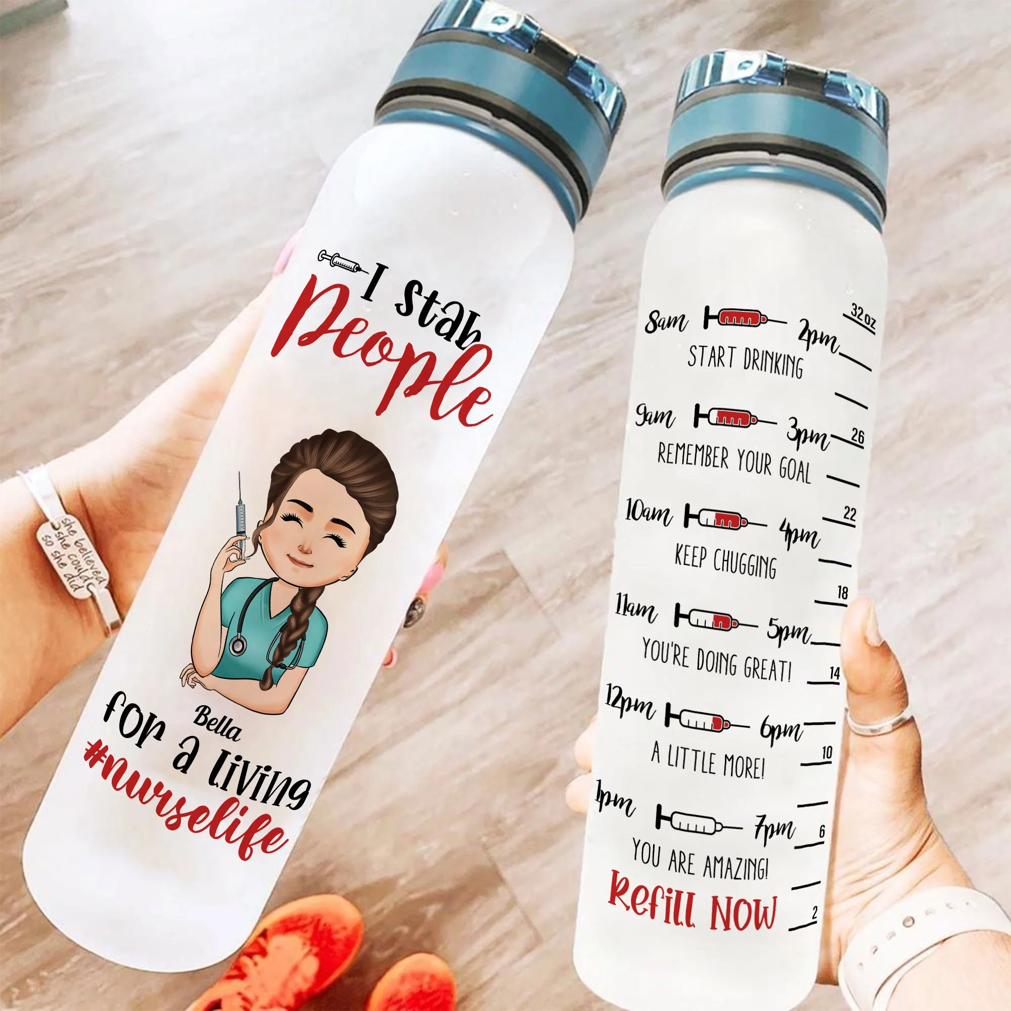 #Nurselife - I Stab People For A Living - Personalized Water Tracker Bottle - Image 2