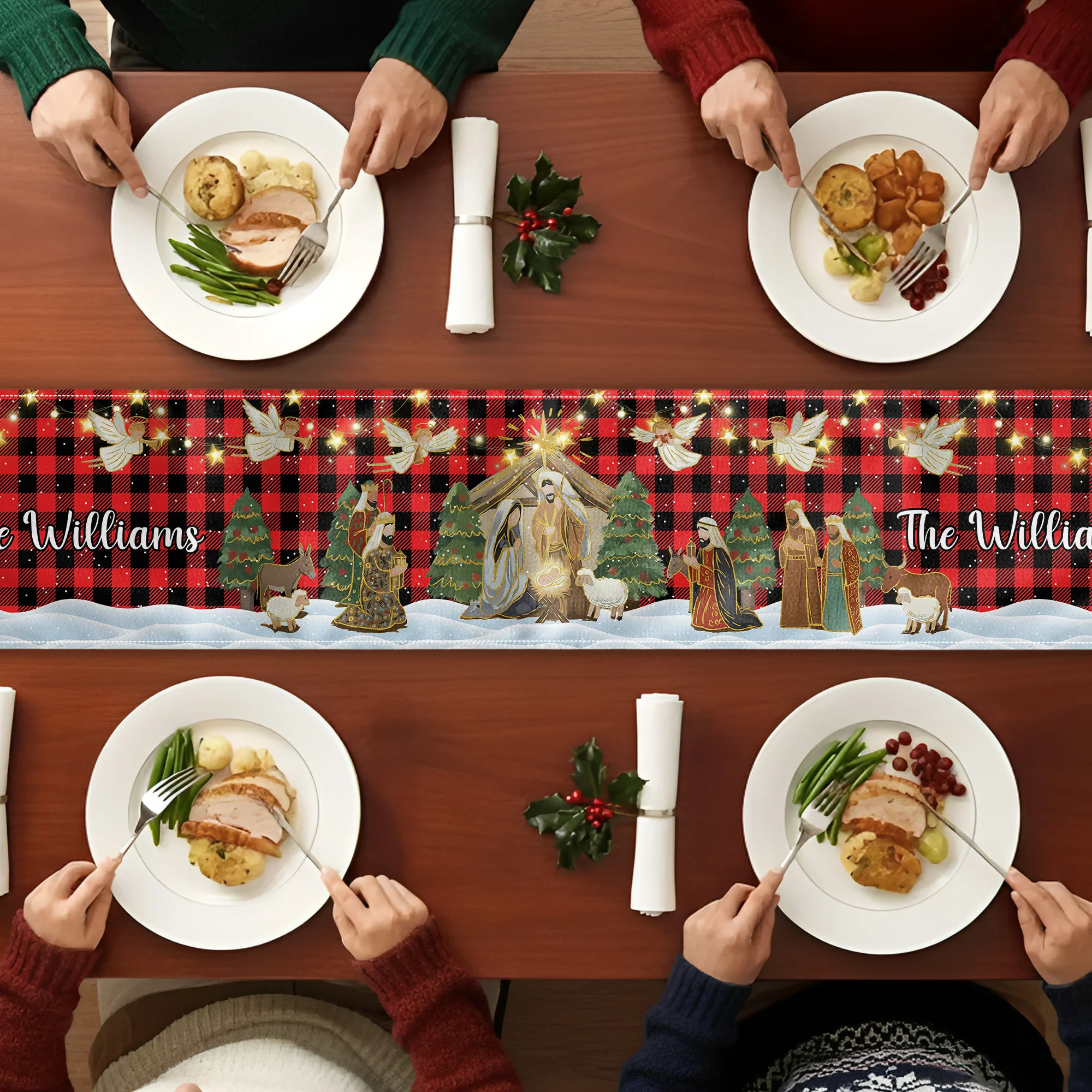 O Holy Night Nativity Scene Buffalo Plaid Christmas Dining Table Decoration - Personalized Table Runner - Image 4