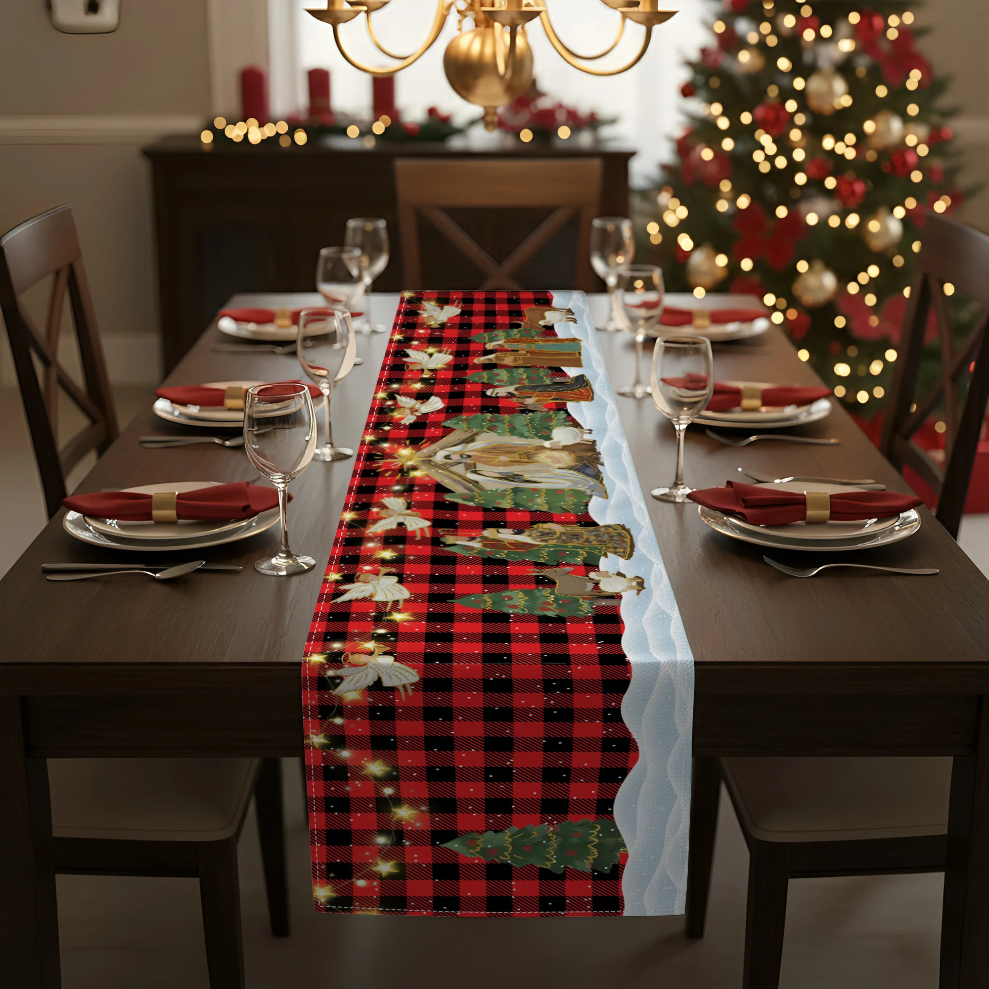 O Holy Night Nativity Scene Buffalo Plaid Christmas Dining Table Decoration - Table Runner - Image 3