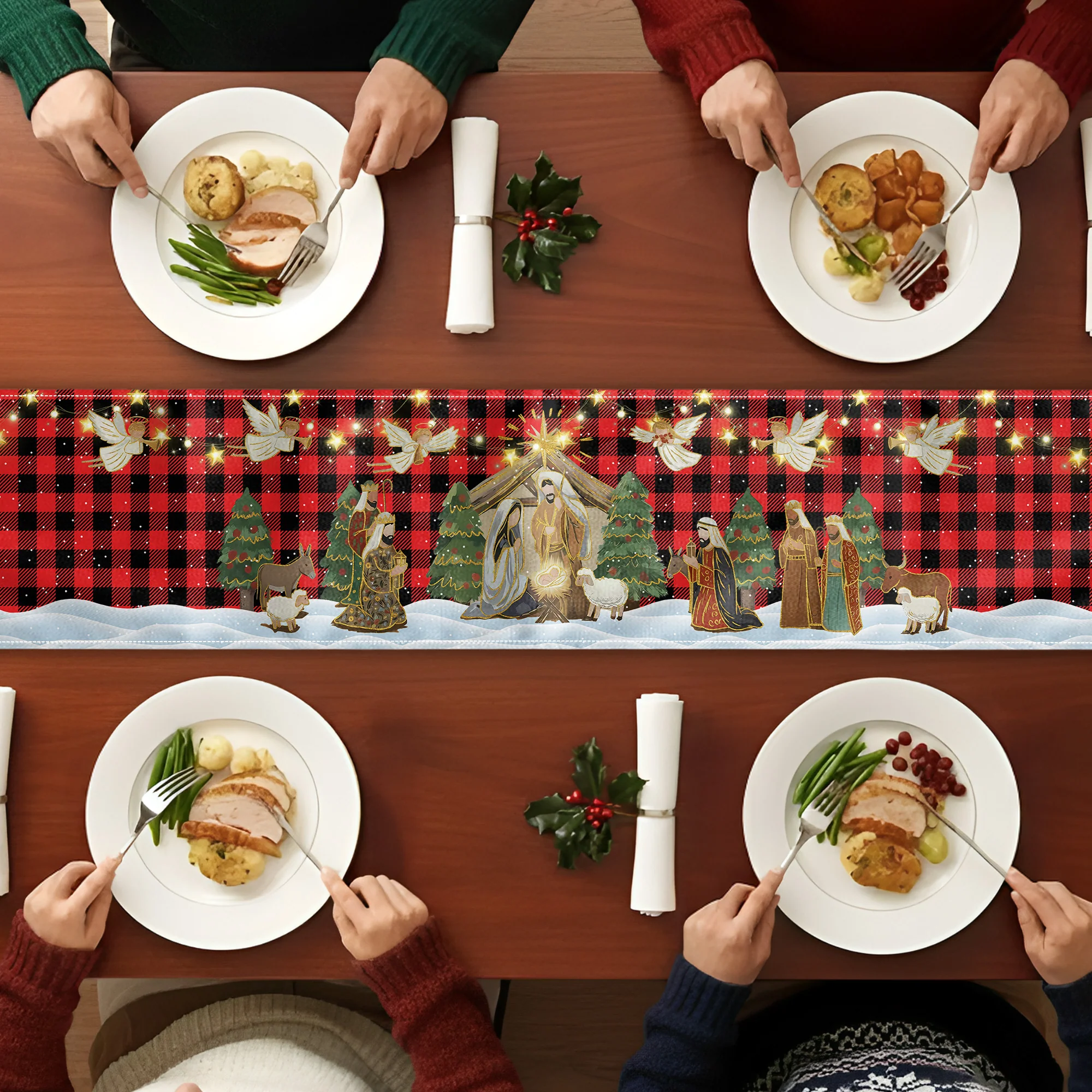 O Holy Night Nativity Scene Buffalo Plaid Christmas Dining Table Decoration - Table Runner - Image 4