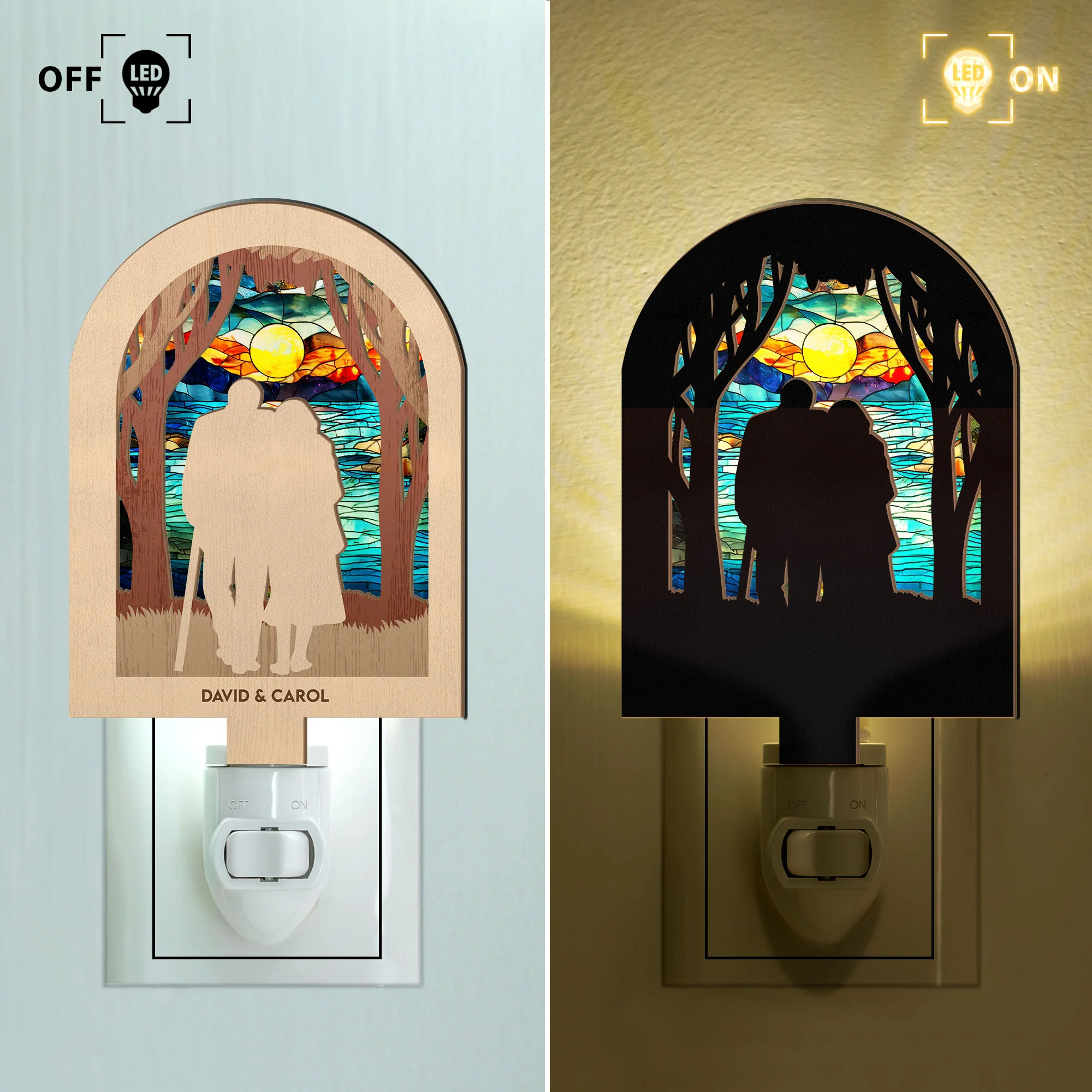 Old Couple Standing Together - Personalized Wood And Acrylic Night Light