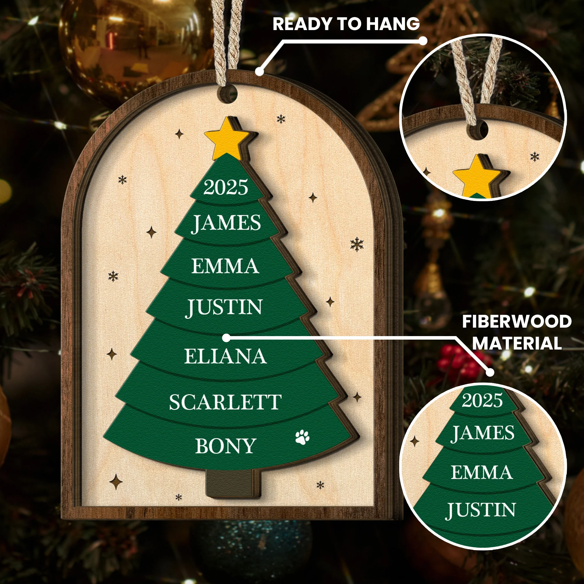 Our Family Christmas Tree Name 2 Layers Christmas Ornament - Personalized Wooden Ornament - Image 5