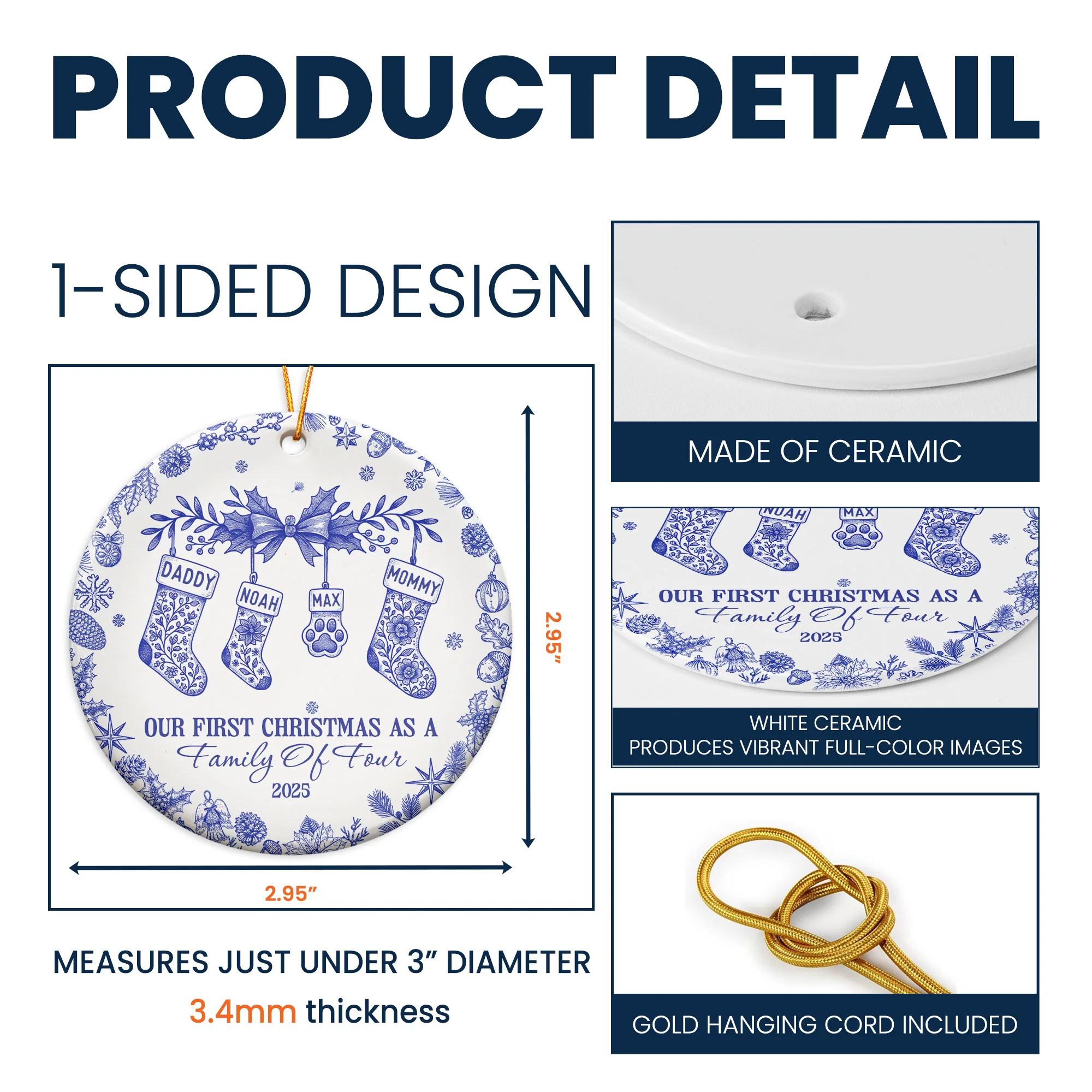 Our First Christmas As A Family Of 3,4,5,6 Toile De Jouy - Personalized Ceramic Ornament - Image 5