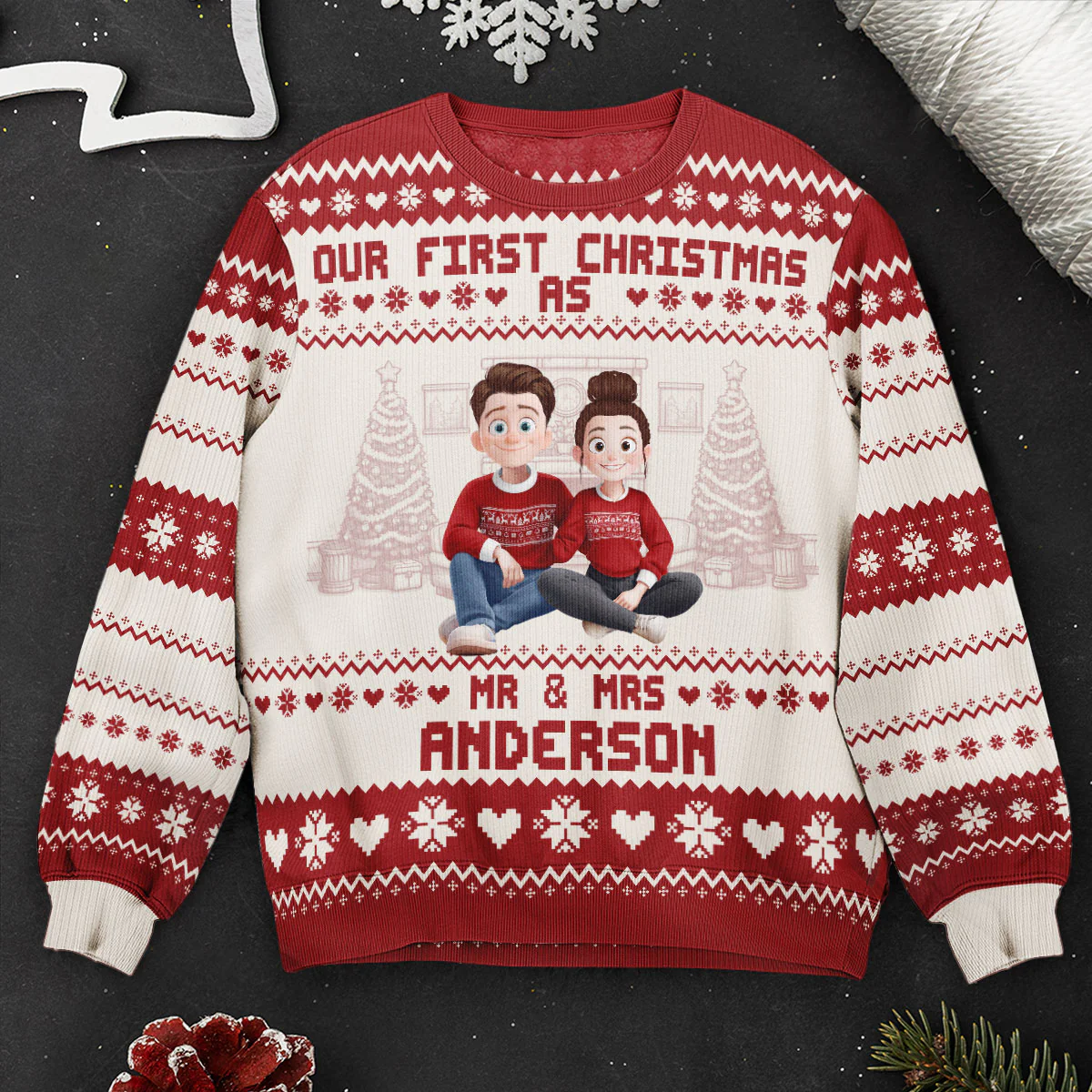 Our First Christmas As Mr & Mrs For Newlywed Couples - Personalized Ugly Sweater - Image 2
