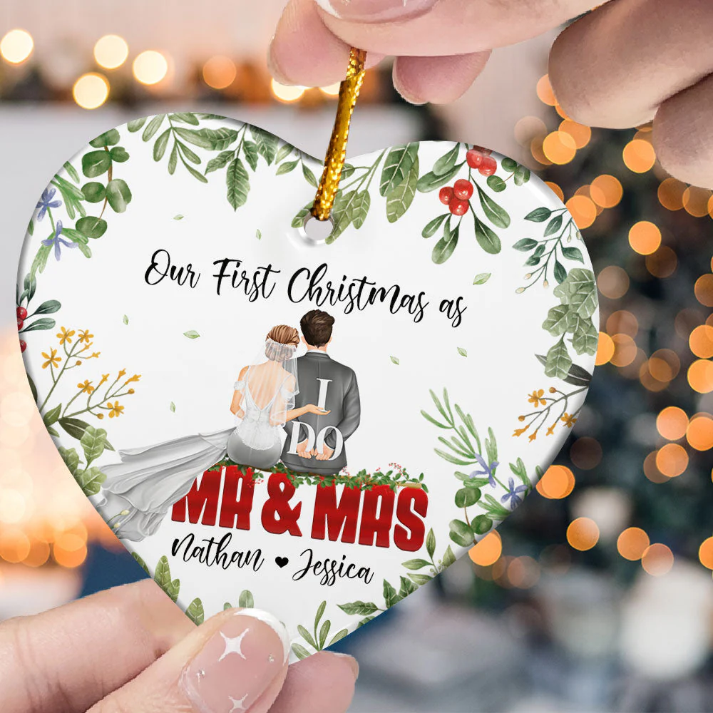 Our First Christmas As Mr. & Mrs. - Personalized Heart Shaped Ceramic Ornament - Image 3