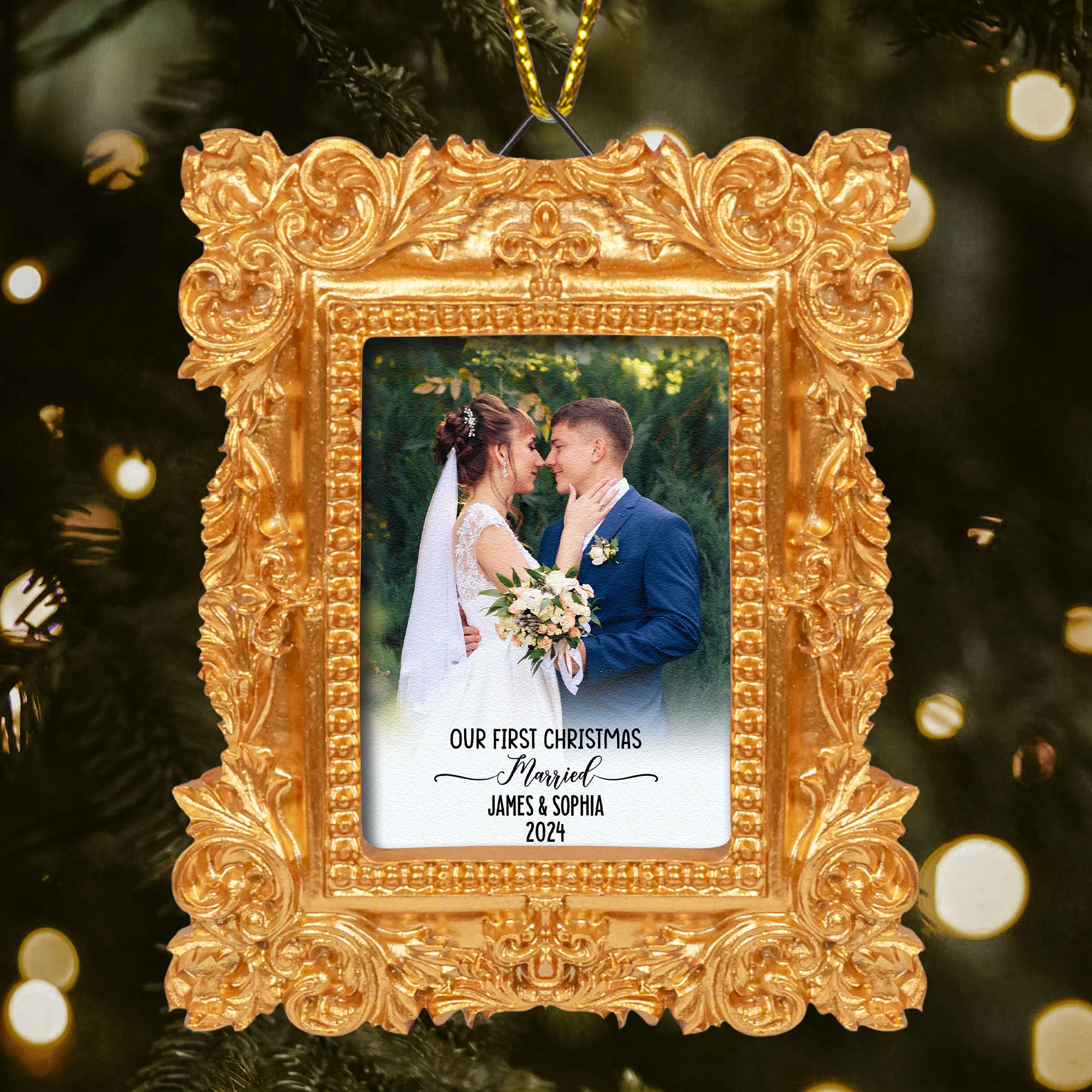 Our First Christmas As Mr & Mrs - Personalized Vintage Picture Frame Ornament - Image 4