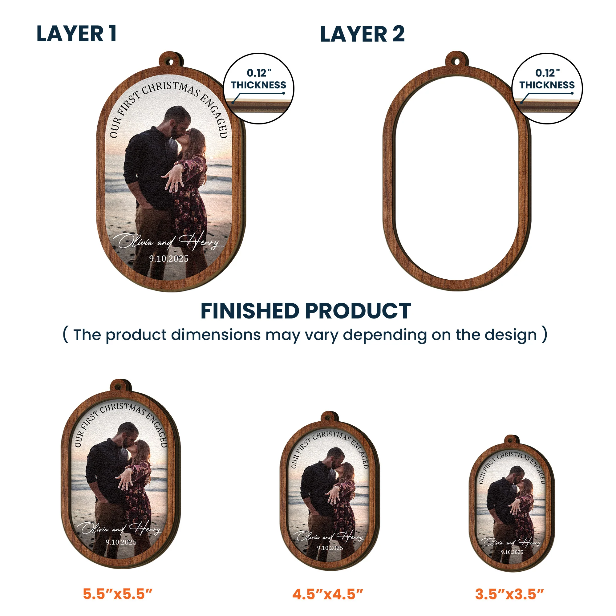 Our First Christmas Couple Christmas Ornament 2 Layers - Personalized Wooden Photo Ornament - Image 5