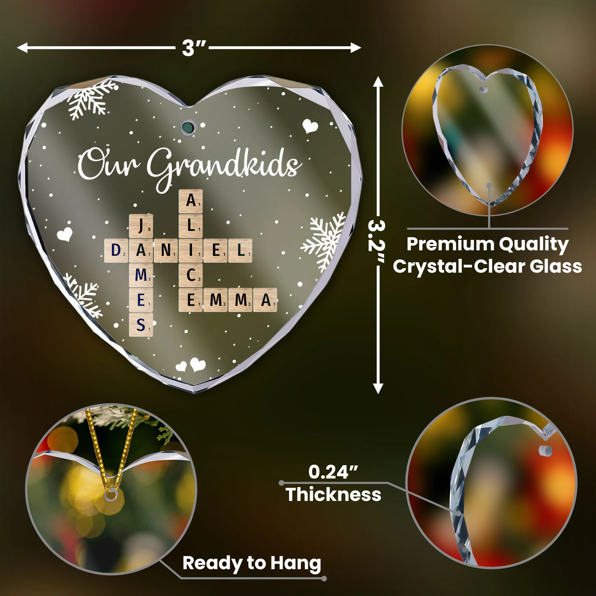 Our Grandkids Scrabble - Personalized Heart Glass Ornament - Image 3