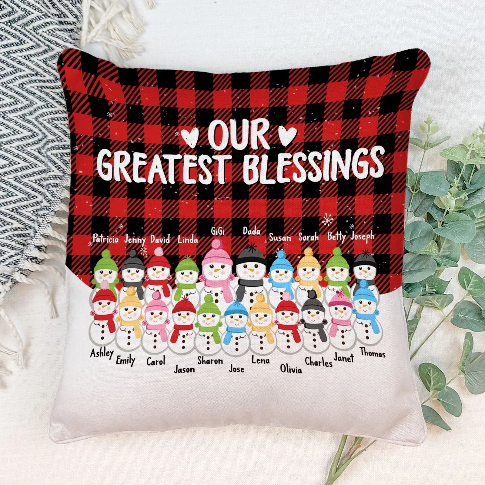 Our Greatest Blessings - Personalized Pillow (Insert Included) - Christmas Gift For Grandma, Grandpa, Grandparents - Snowman Family