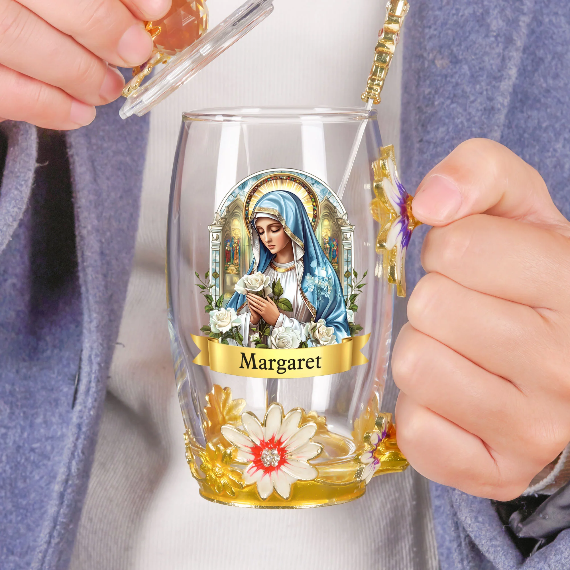 Our Lady Of Fatima Virgin Mary - Personalized Enamel Flower Tea Cup - Image 4